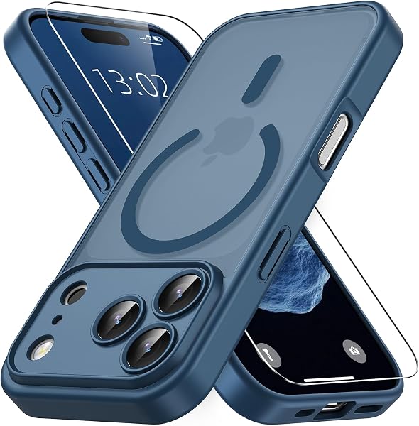 Vansdon Cover Magnetica per iPhone 17 Pro con 1 Pezzi Vetro Temperato, Compatibile con Magsafe, Protezione anticaduta di livello militare, Custodia Traslucida Opaca Sottile Antiurto-Blu Profondo - 1