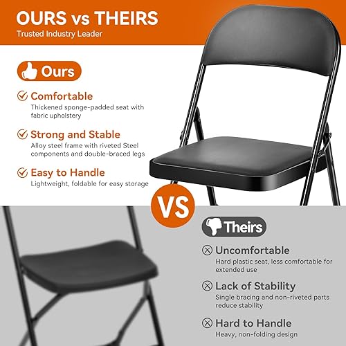 Miniatura 3 de Sillas plegables con cojín, 6 unidades, asiento acolchado negro, marco de metal con respaldo, silla plegable portátil, silla plegable ligera para el