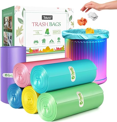 Bolsas de basura de 4 galones330 piezas de bolsas de basura de colores transparentes, bolsas de basura de baño, bolsas de plástico pequeñas para la