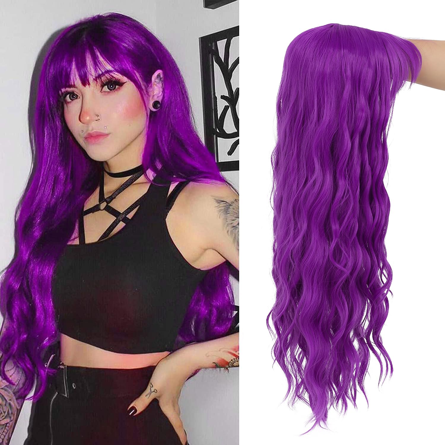 Sallcks Womens Long Curly Wavy Wig Purple Wigs with Bangs Synthetic Full Wigs for Daily Party Cosplay Costume - Image 6