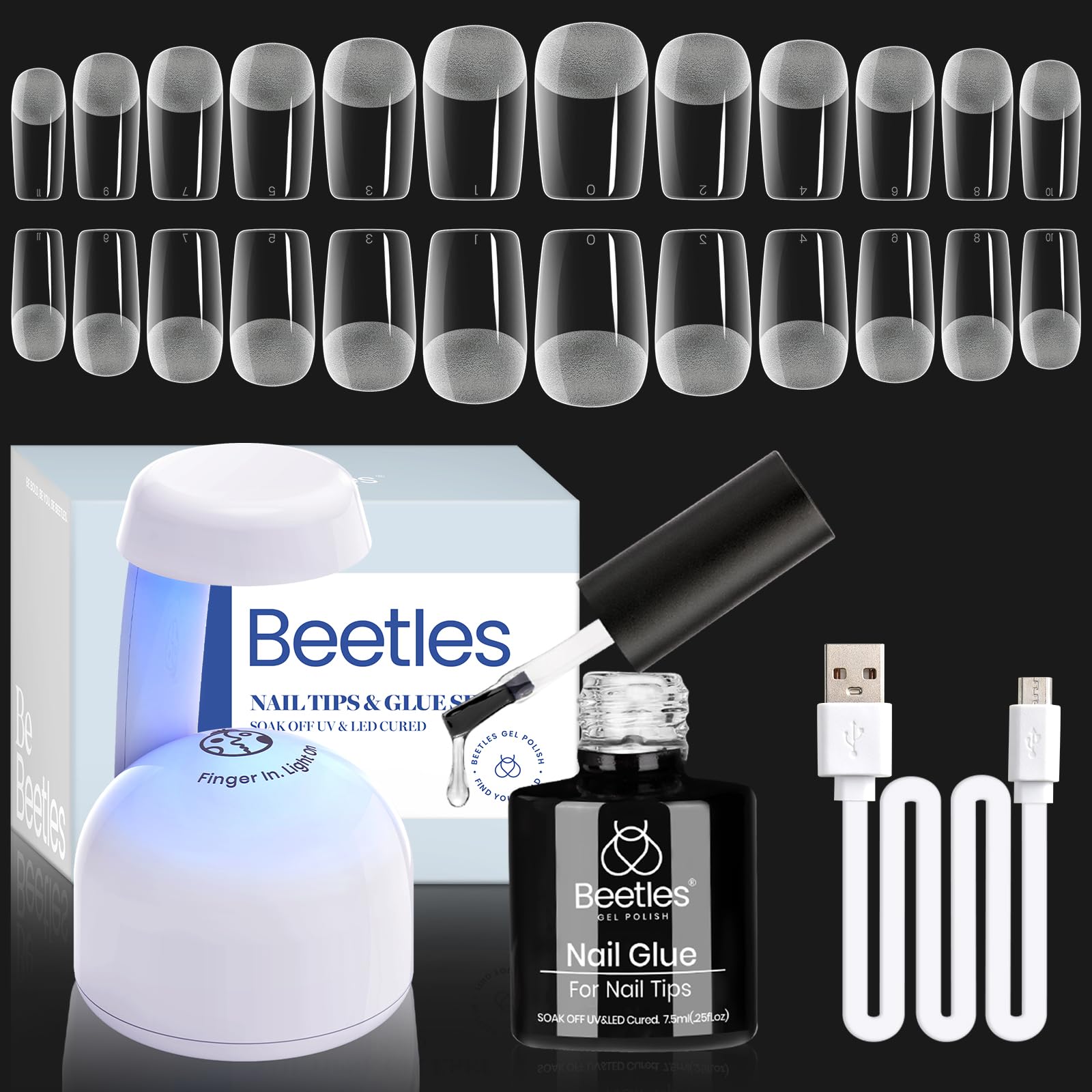 Beetles Gel Nail Kit Easy Nail Extension Set 504Pcs Pre Filed Half Matte Short Square Soft Etch X Nail Tips with 5 in 1 Nail Glue Gel Uv Led Lamp Nail