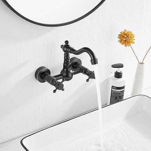 Miniatura 6 de GGStudy Grifo montado en la pared del fregadero de la cocina y del cuarto de baño con la manija cruzada doble aceitado bronce