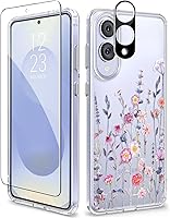 Vista 109 de GVIEWIN Funda protectora para Samsung Galaxy S25, transparente floral, delgada, a prueba de golpes, para mujer, no se pone amarilla, con protector