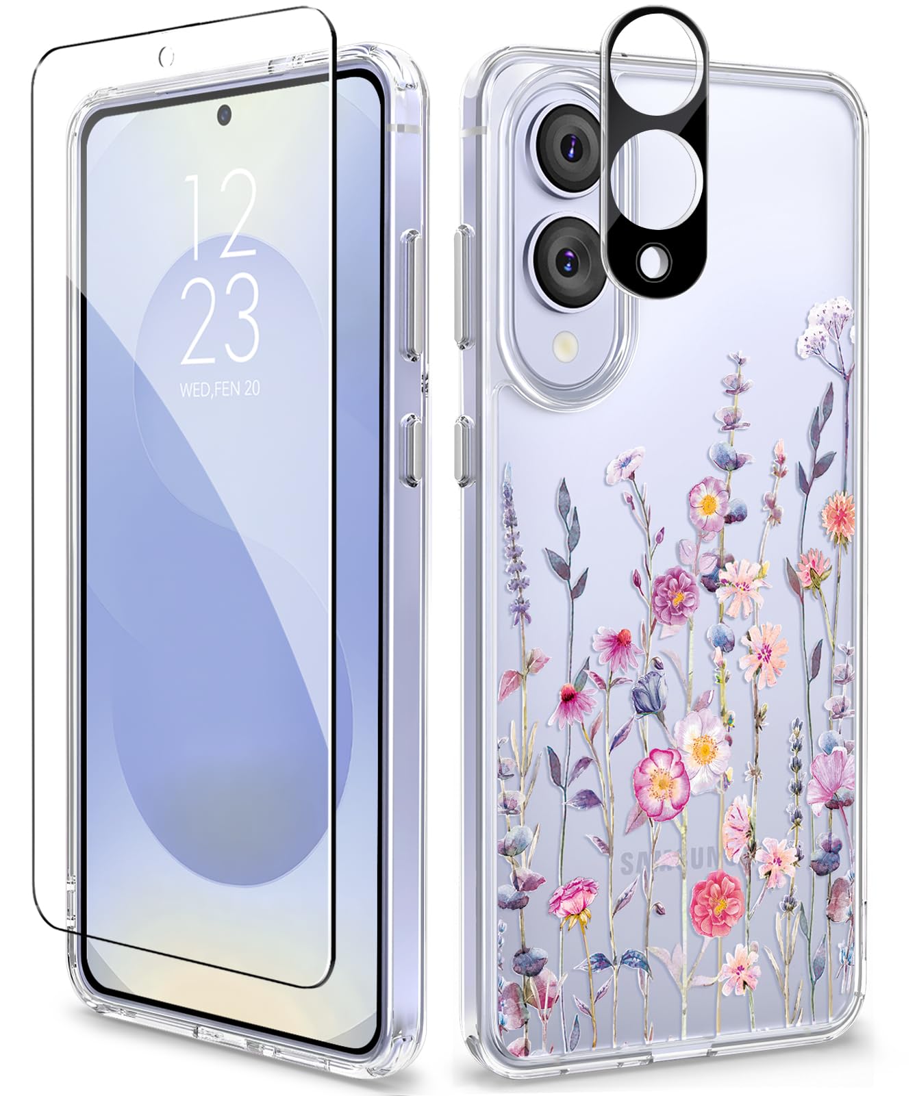 GVIEWIN Compatible with Samsung Galaxy S25 Edge Case, Clear Floral Slim Shockproof Protective Women Phone Case, Non-Yellowing, with Screen Protector &