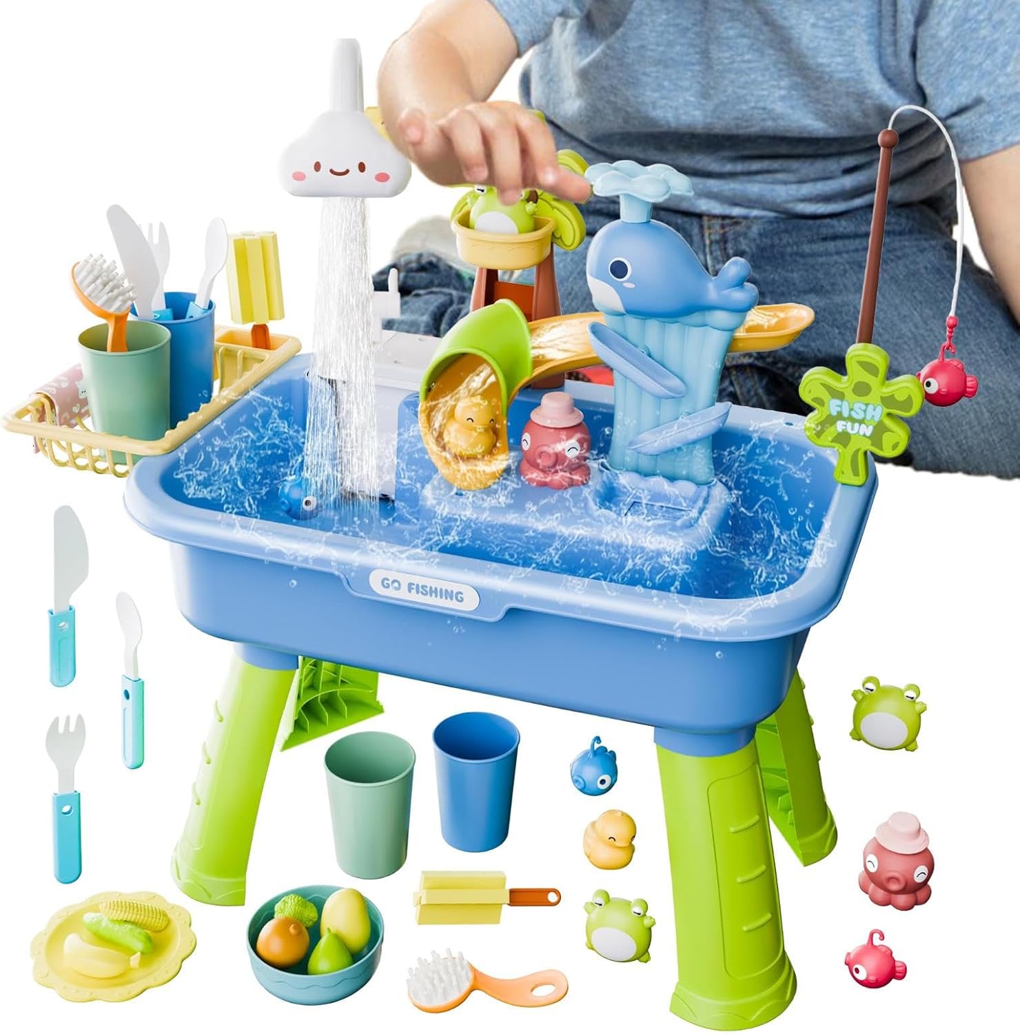 Water Feature Table for Children, Rain Shower Splash Pond for Toddlers, Water Table for Playing in the Kitchen, 4 and 1 Play Sinks with Pump, Flowing Water for 4-8 Summer Beach Pool