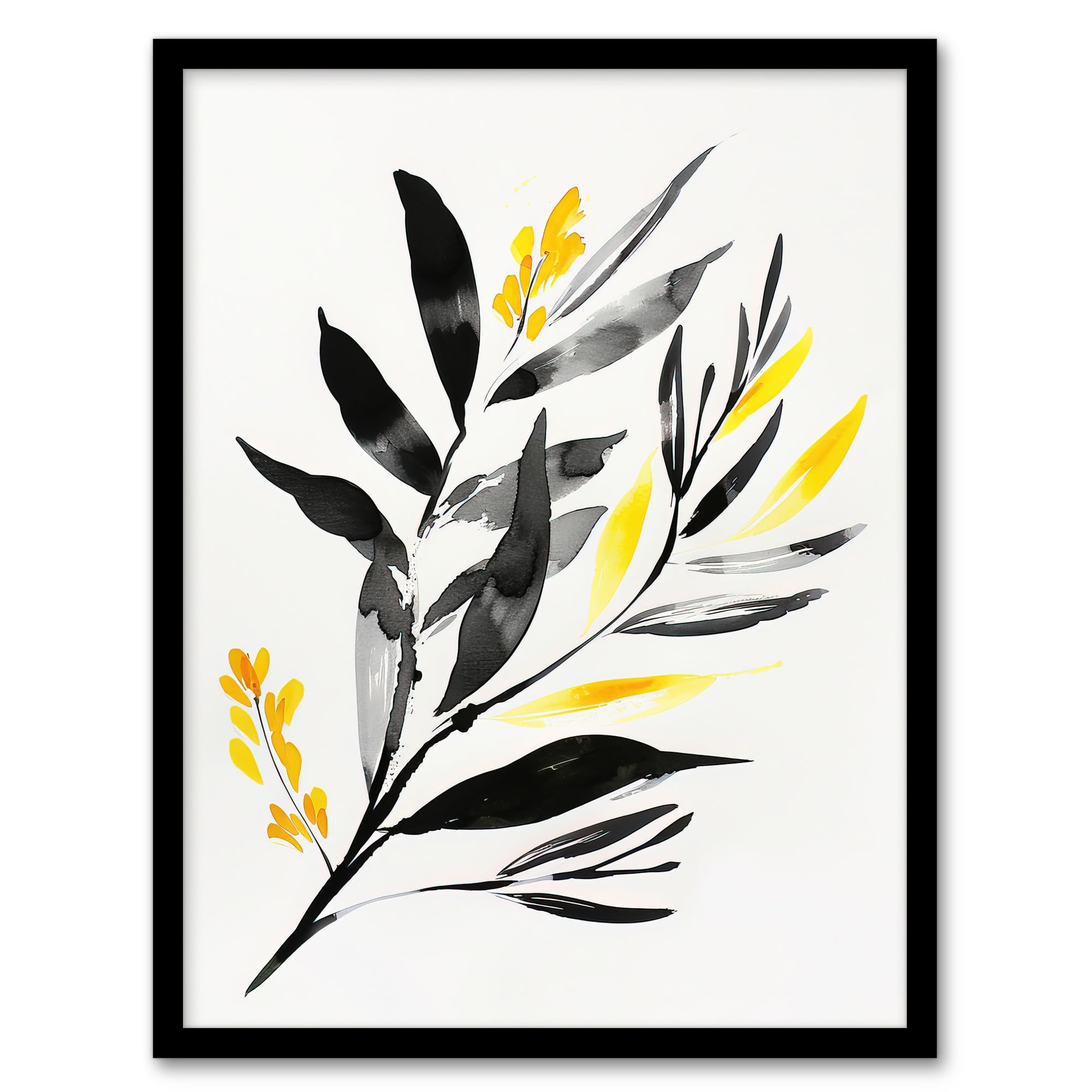 Artery8 Abstract Plant Lover Frond Black Yellow Botanical Living Room Artwork Framed Wall Art Print 18X24 Inch