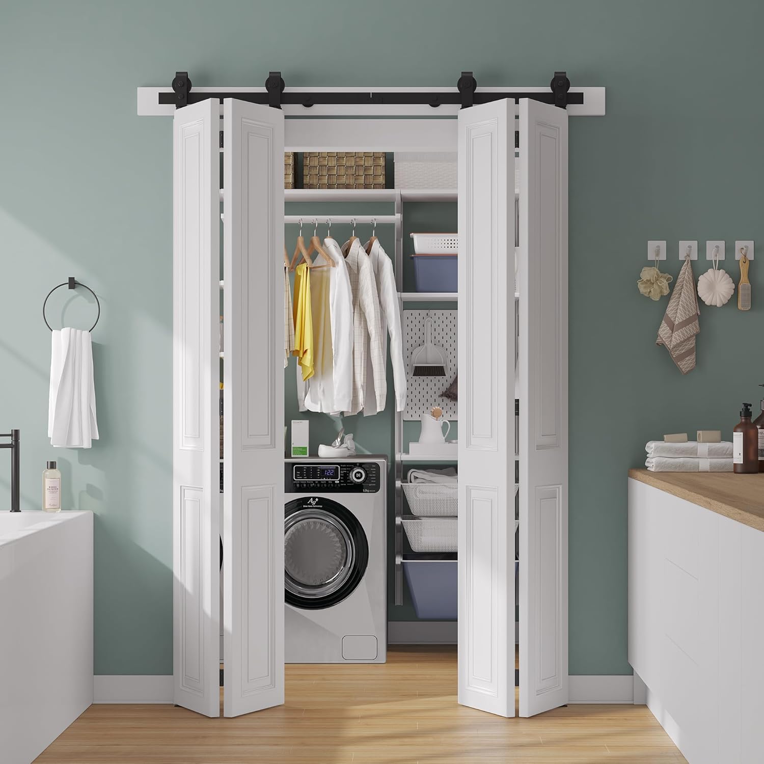 smartstandard 60" bifold sliding barn door hardware kit, 5ft top mount bi-folding track kit for four 14" closet pantry laundry doors-smoothly and quietly, black [no door] 60'' track for 4 doors matte black