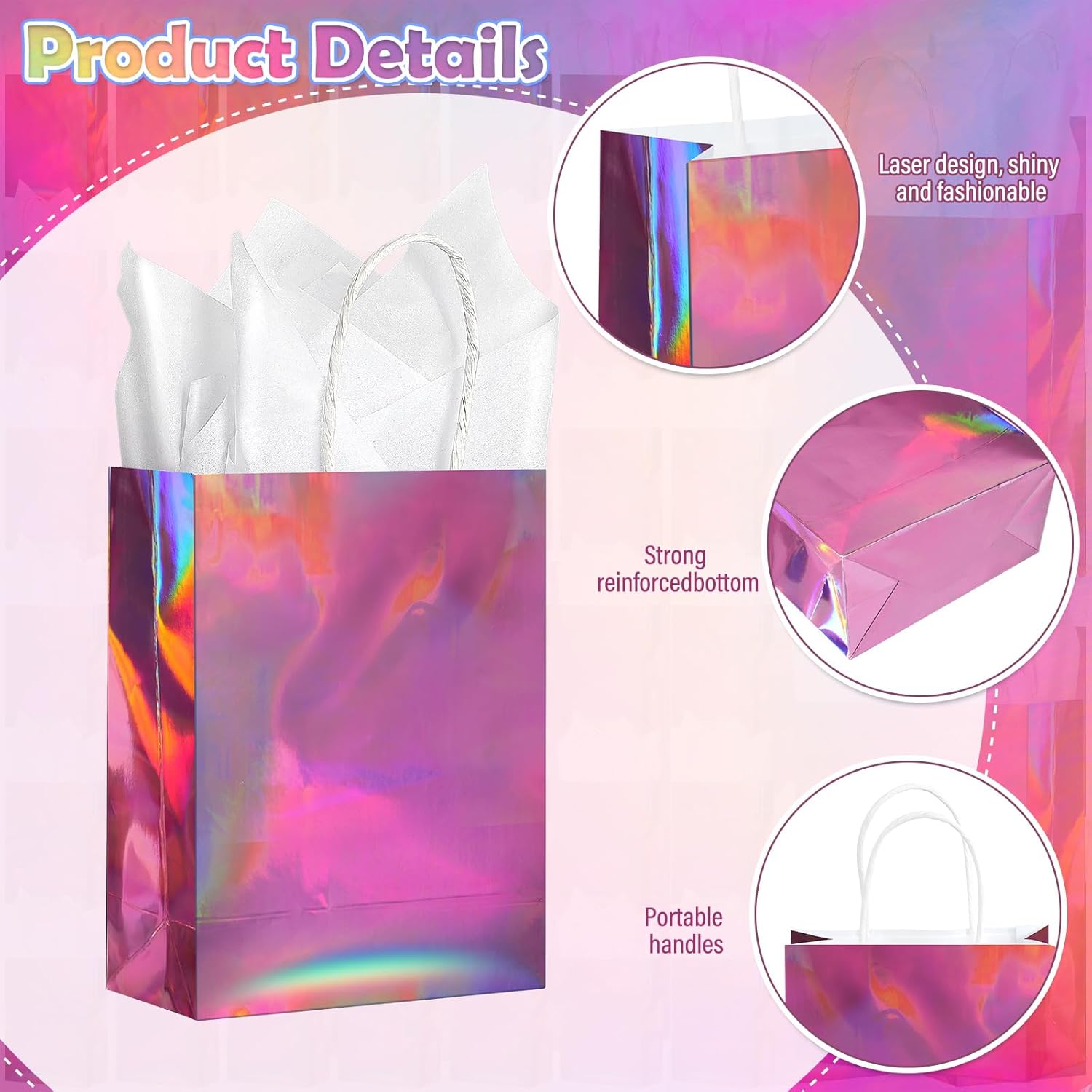 24 Pcs Iridescent Pink Gift Bags Decorations, Holographic Foil Party Favor Bags with Handles, Pink Paper Candy Goodie Bag with 24 Tissue Paper for Graduation Birthday Baby Shower Party Supplies - Image 3