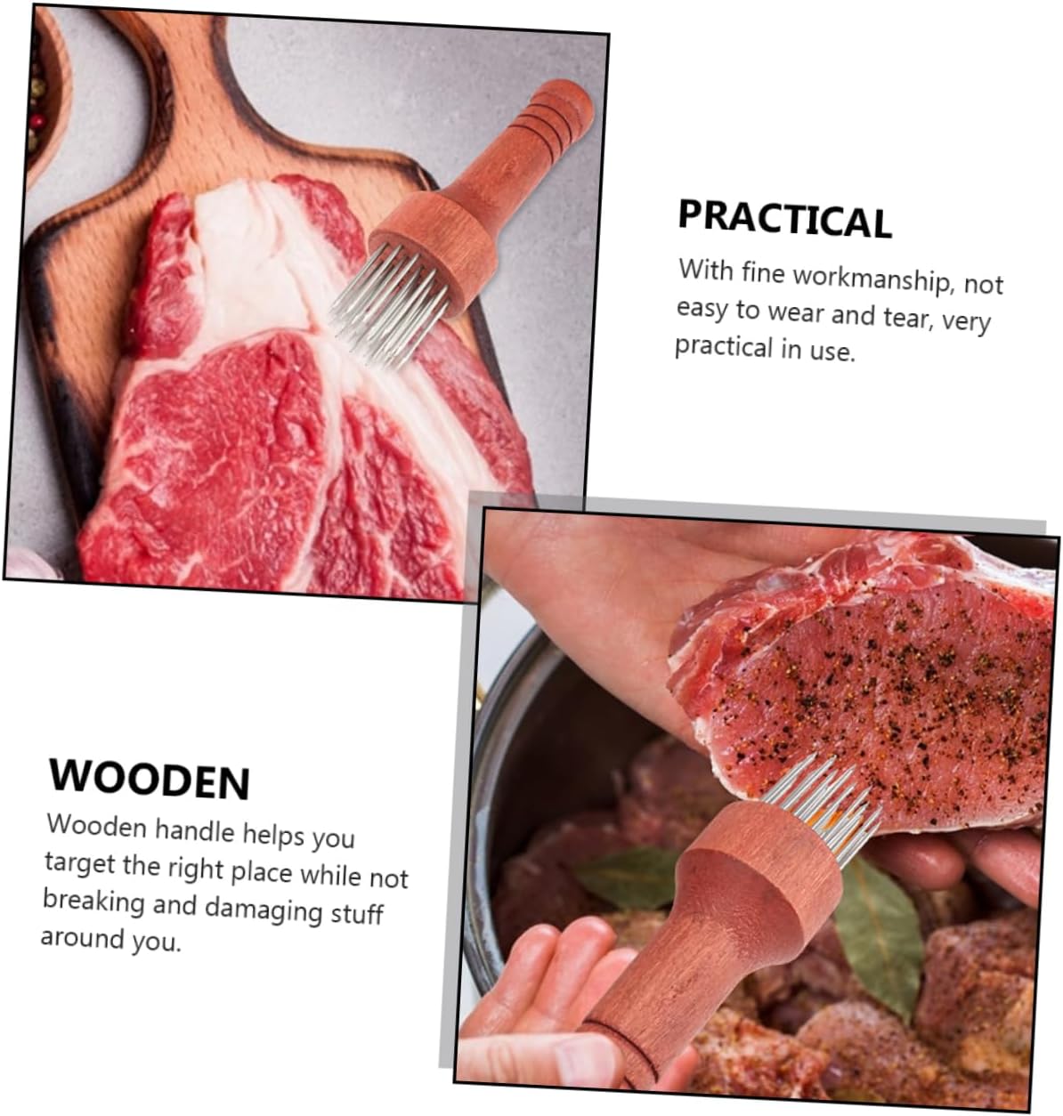 2pcs Stainless Steel Meat Tenderizer Wooden Handle Practical Pounding Tool for Pork Beef and Chicken Easy to Clean and Store Household Kitchen Essential