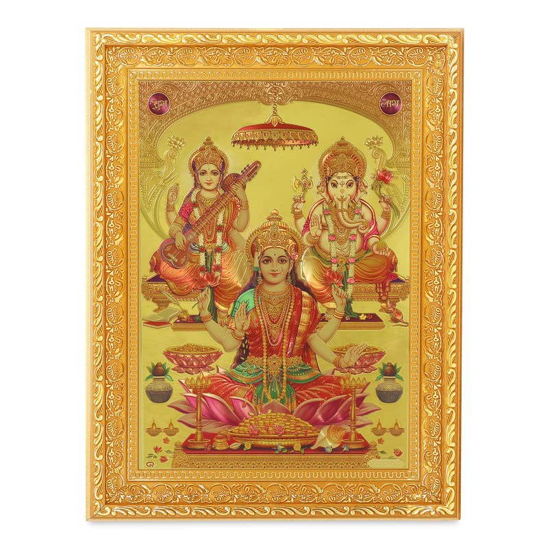Photo Lakshmi Saraswati Ganesh en cadre doré pour salon zen et yoga