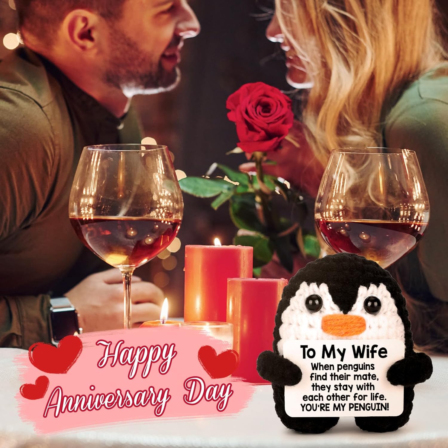 Gifts for Her Wife from Husband, to My Wife Handmade Crochet Emotional Mini Funny Penguin, Romantic Wedding Anniversary Birthday Valentines Gifts for Women Her, Small Easter Love Sign Decor - Image 3