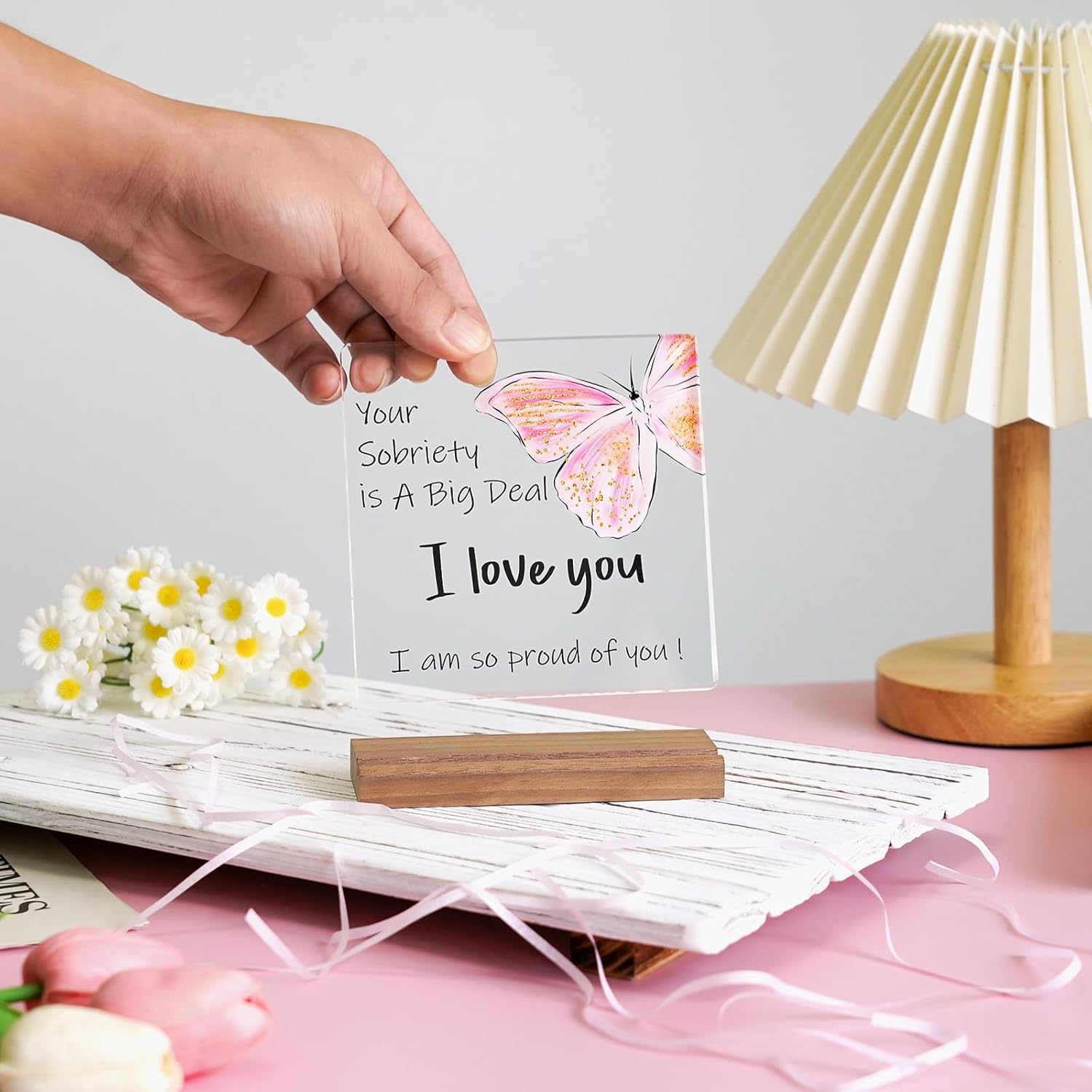 Sobriety Gifts for Women Men,1 Year Sober Gifts One Year Best Sobriety Gifts Recovery Gifts Your Sobriety is a Big Deal I am Proud of You Gifts Plaque Sign Desk Decor with Wooden Stand Size 4.7''*4.7'' - Image 5