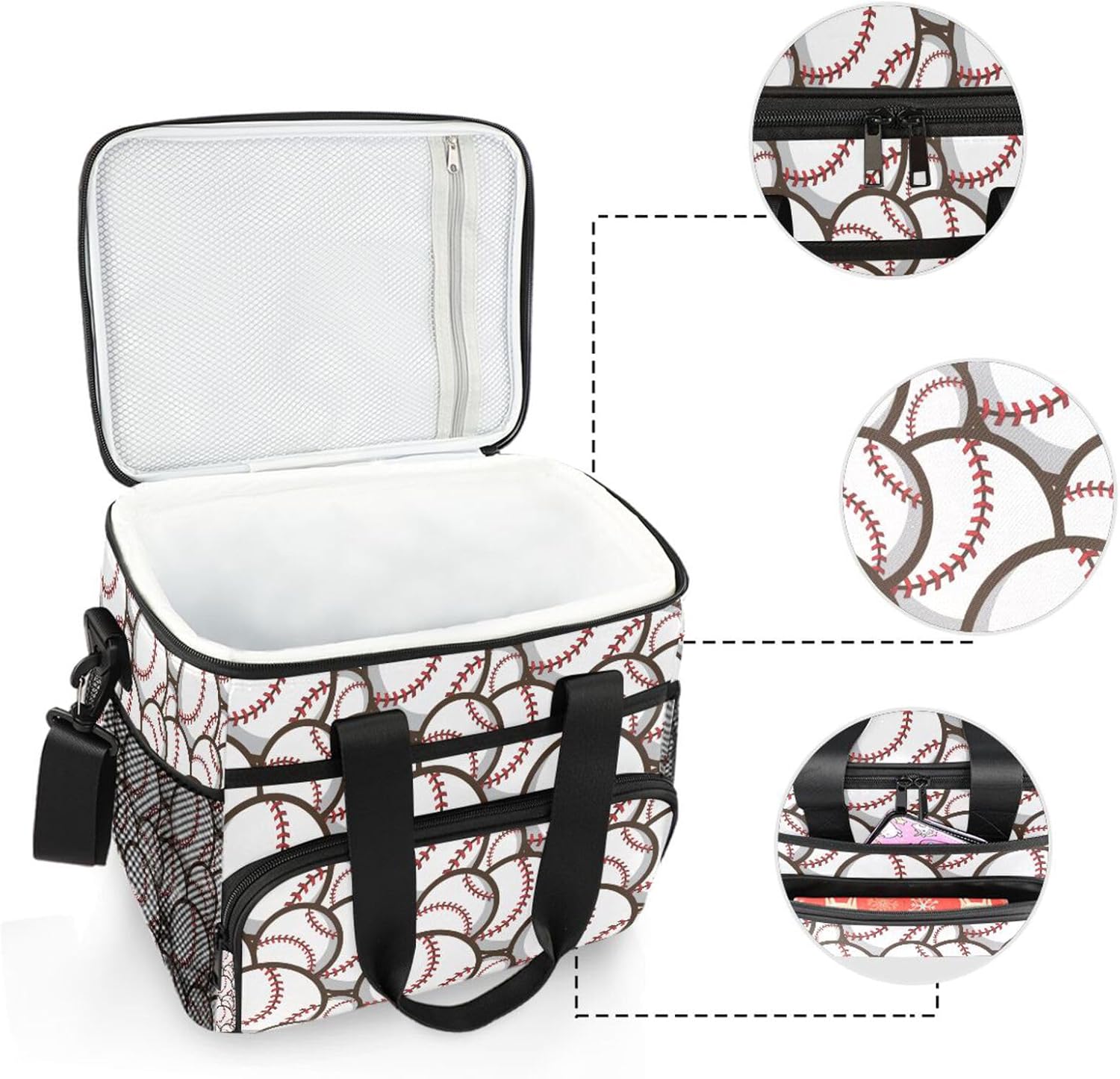 Bolaz Large Cooler Lunch Bag-Trendy Baseball Balls Pattern, Travel Cooler Bags 15L Waterproof Cooler Bag for Camping, Picnic, BBQ, Family Outdoor Activities