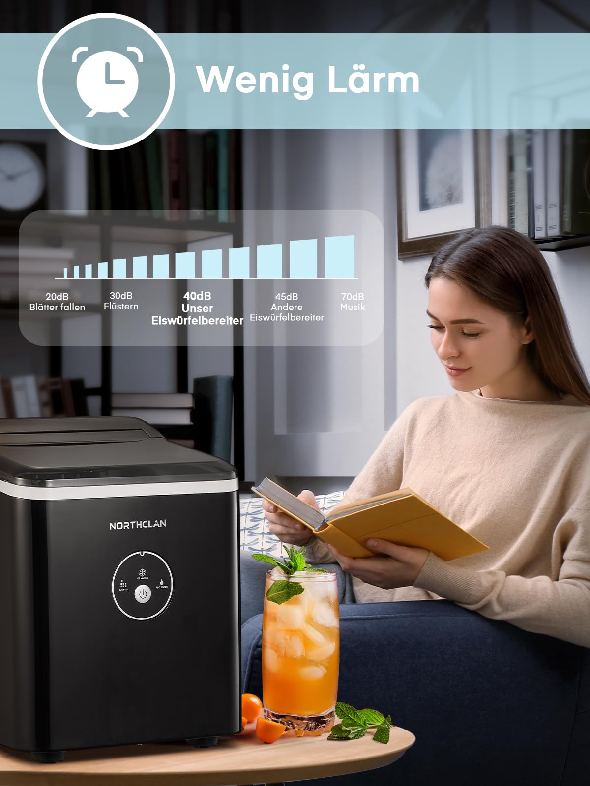 Eiswürfelmaschine 120W 14 kg 24 Stunden 9 Eiswürfel 6-8 Minuten Geräuscharmer Betrieb Ice Maker Dunkelgrau