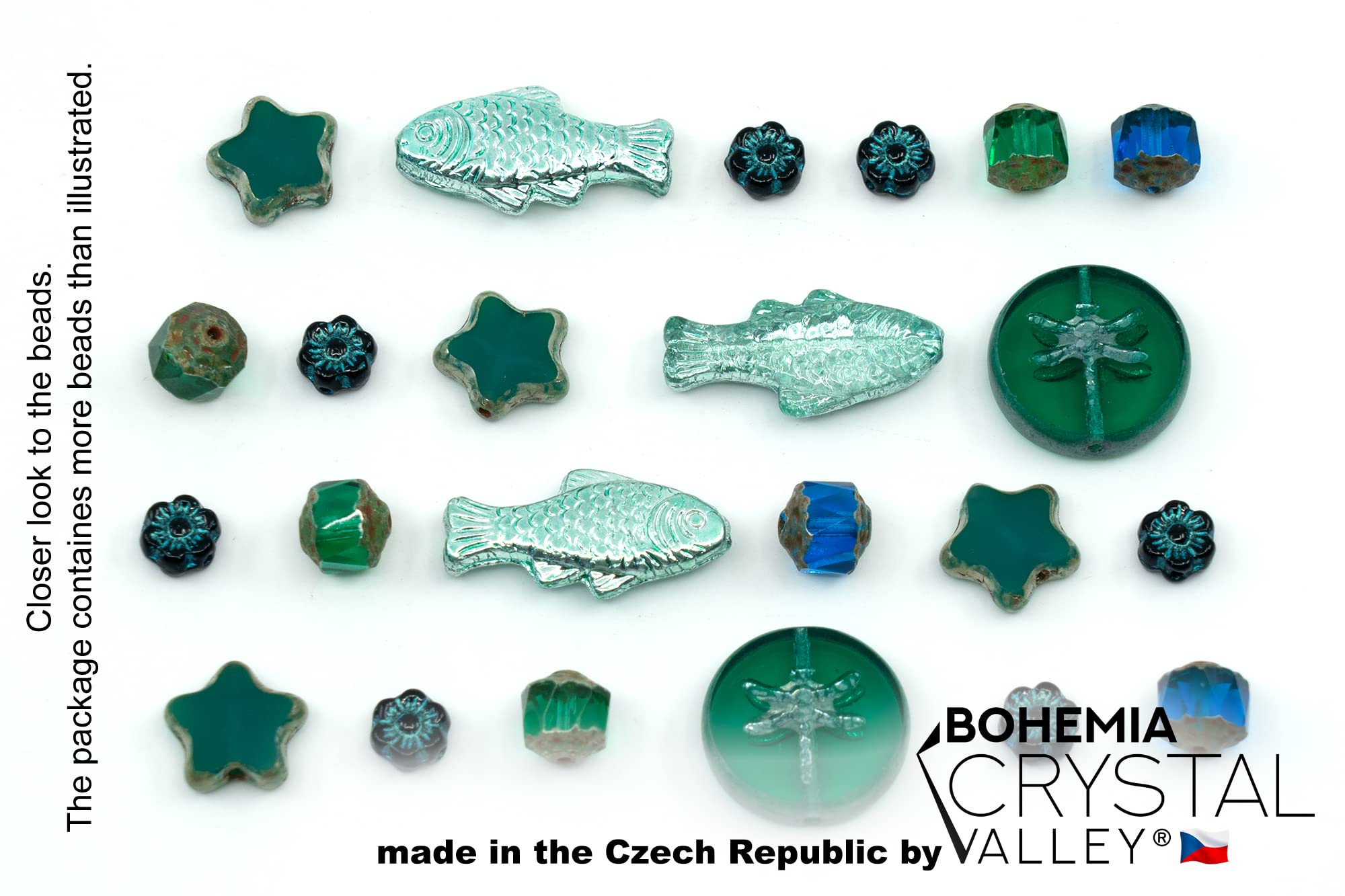 2.1oz (60g) of Glass Focal Bead Mix with Flowers, Table-Cut and fire Polish Czech Beads, PG Green, Focal Green - Image 3