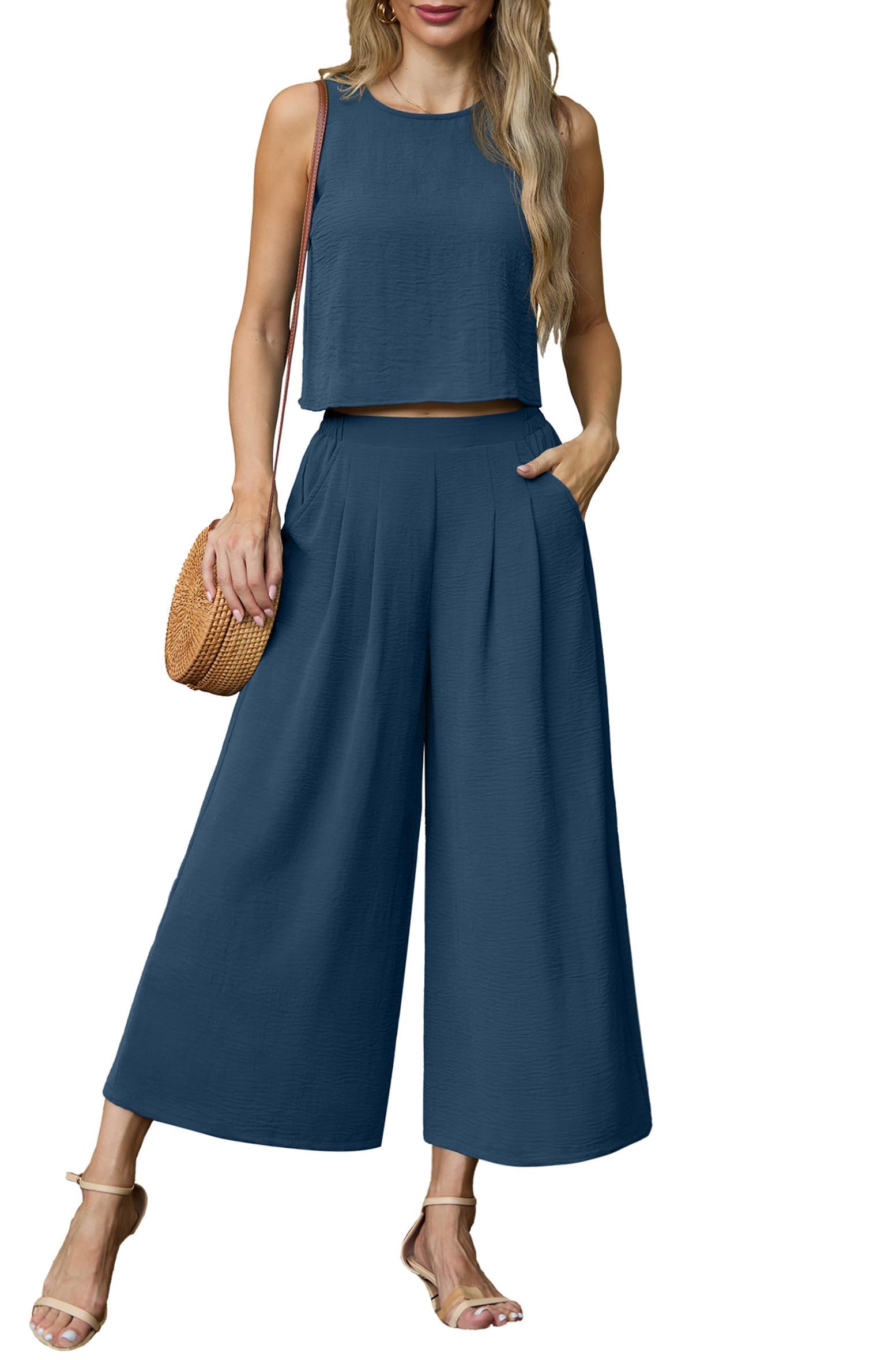 Lepunuo Womens Summer 2 Piece Outfits Sleeveless Crop Top Flowy Wide Leg Pants Matching Sets Vacation Beach Travel Outfits