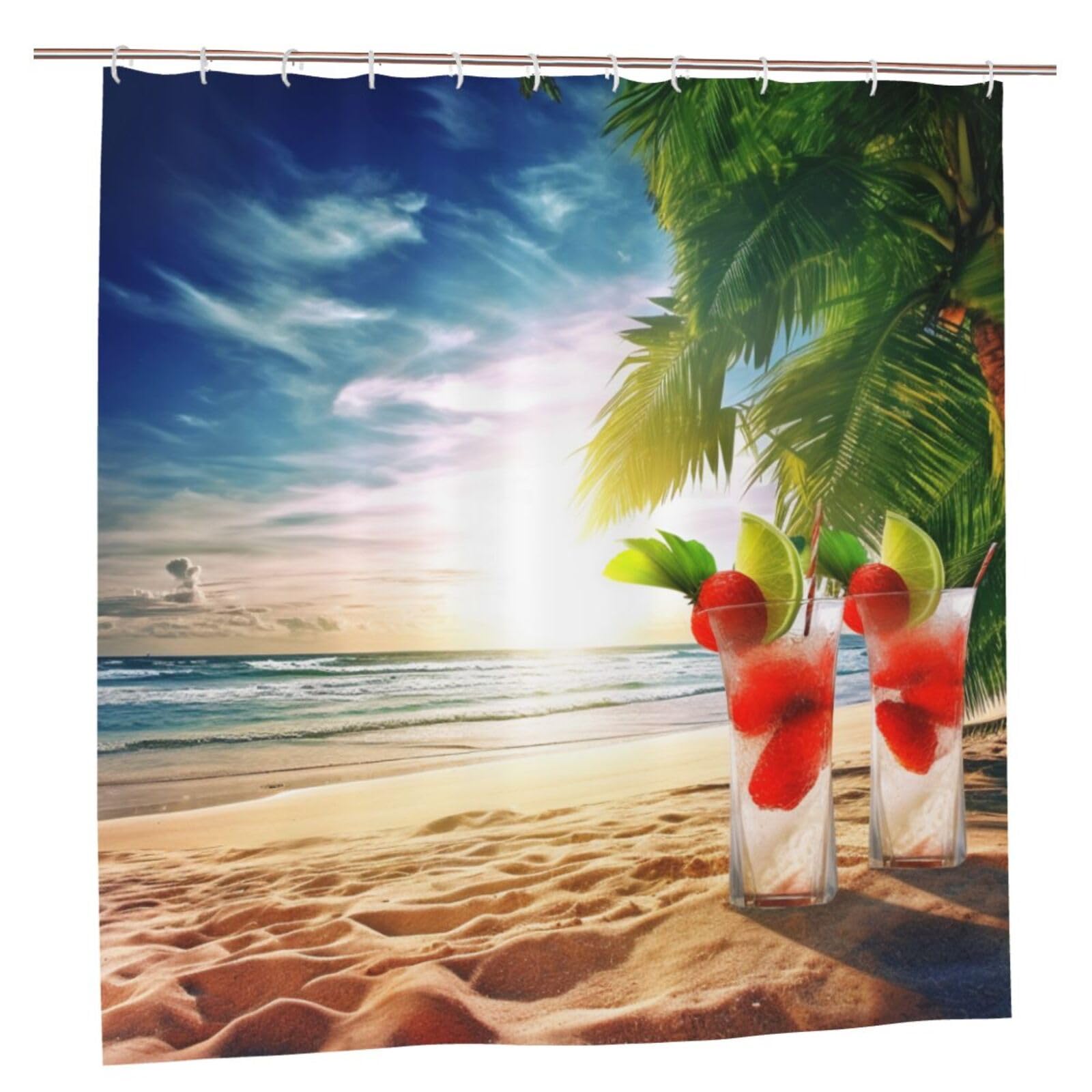 BWWHCCTI Tropical Beach Printed Shower Curtain With 12 Plastic Hooks Opaque Quick Drying Waterproof Shower Curtains Sets For Bathroom 183x183 CM