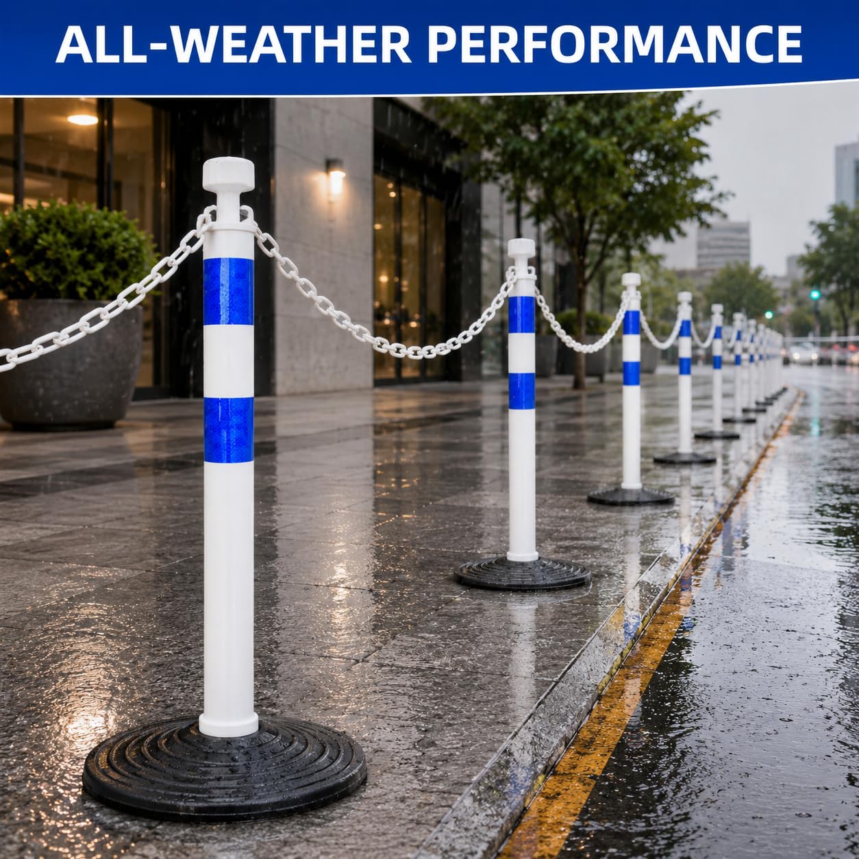 Set de 6 postes de seguridad de 99,6 cm con cadenas de plástico de 2 m, portátiles, para delimitación de áreas, obras, parkings y eventos (Blanco y azul)