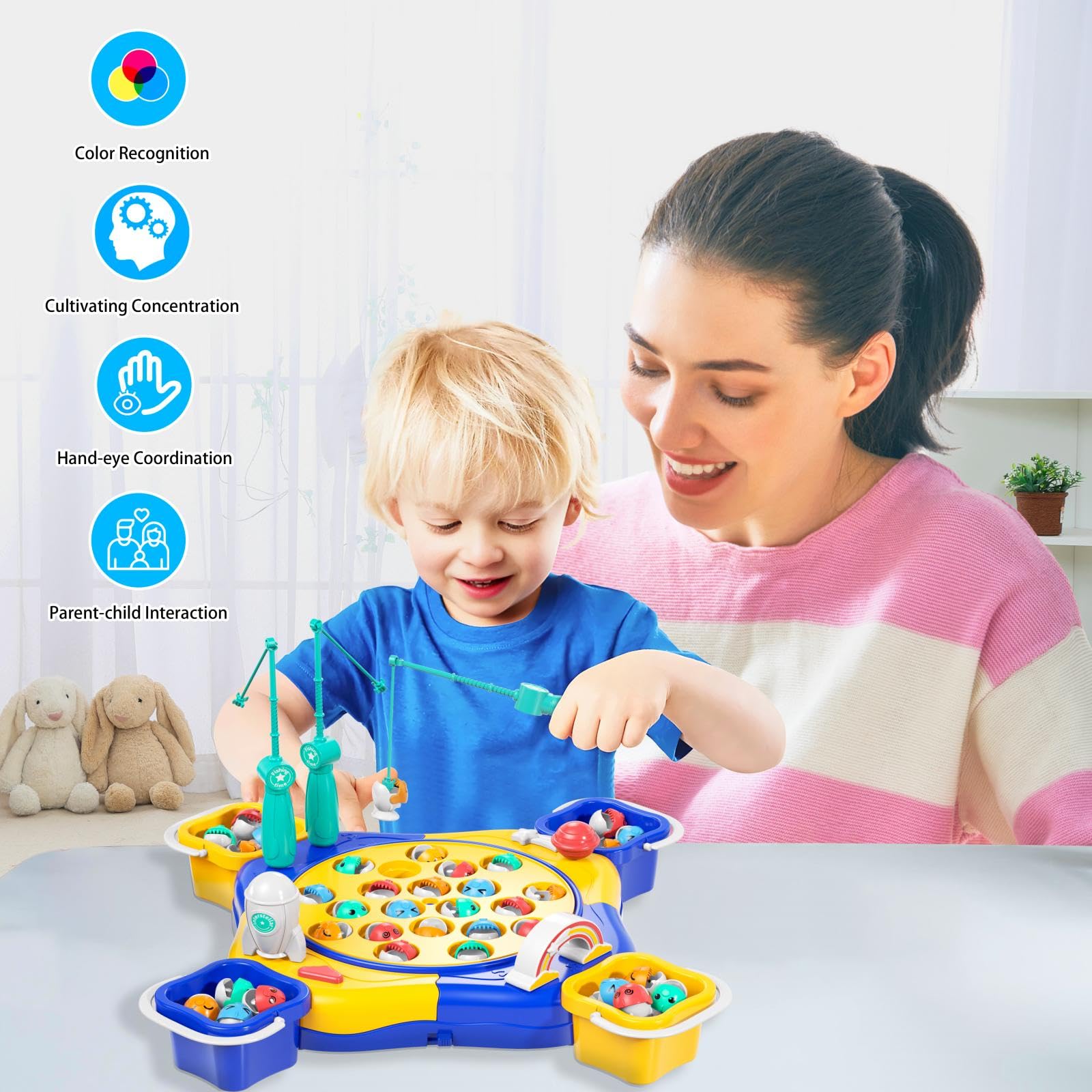 Doloowee Magnetyczna zabawka wędkarska dla dzieci, 3, 4, 5 lat, dla chłopców i dziewczynek, zabawka edukacyjna, magnes, muzyczna gra wędkarska z 4 aniołami dziecięcymi i 24 rybami, prezent dla dzieci