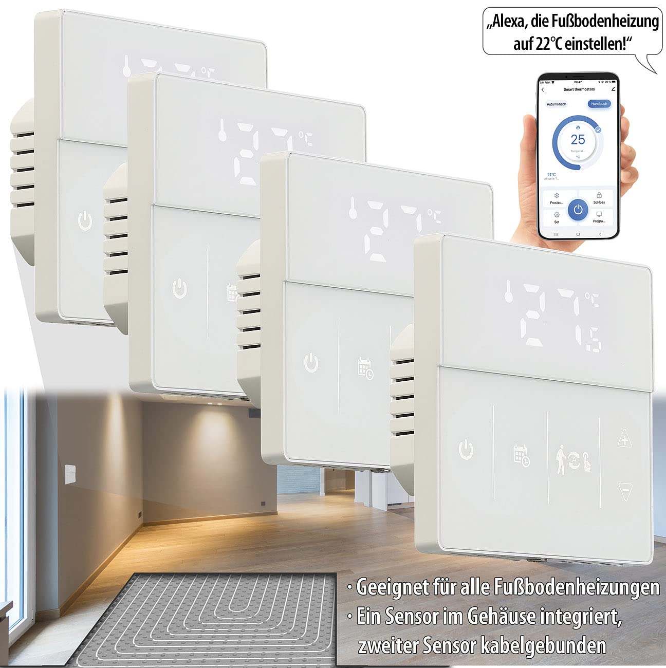 revolt Raumthermostate: 4er-Set WLAN-Fußbodenheizung-Thermostate mit App, weiß (Fußbodenheizung-Thermostat Aufputz, Elektronisches Raumthermostat, Infrarotheizung)