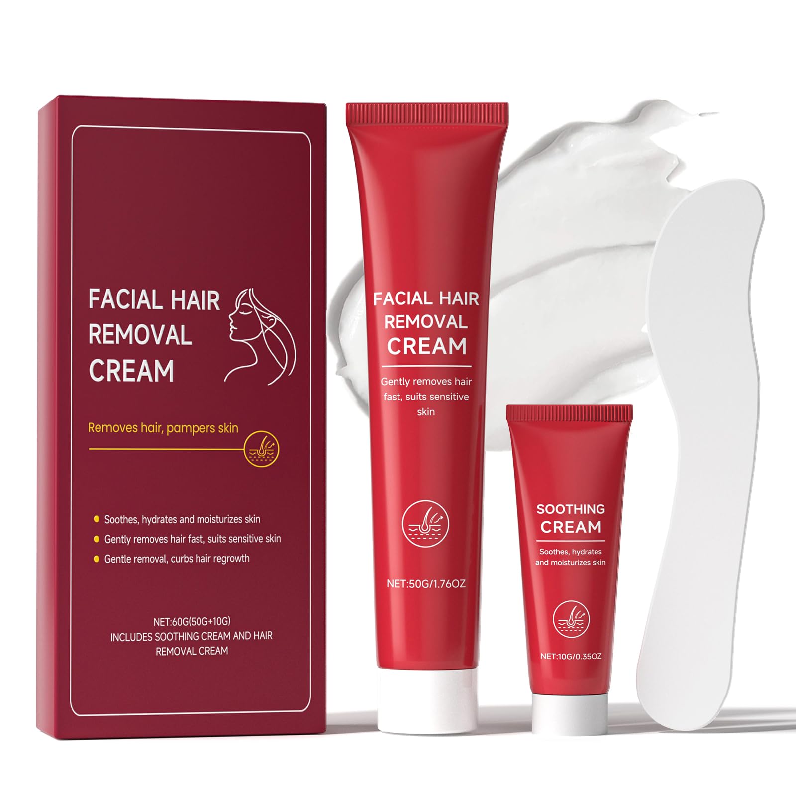 2-in-1 Facial Hair Removal Cream for Women, Gentle & Painless Facial Hair Remover Creams with Soothing Cream, Depilatory Creams for Face Upper Lip Chin, for Sensitive Skin, For Smooth Skin 2.03 Fl Oz 2.03 Fl Oz (Pack of 1)
