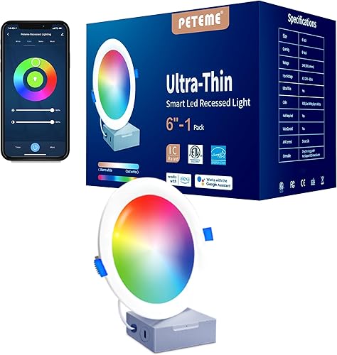 Peteme ETL 6 pulgadas 1 paquete de iluminación empotrable inteligente WiFi ultra fina regulable luces de techo RGBCW 14W, luz blanca fría y cálida