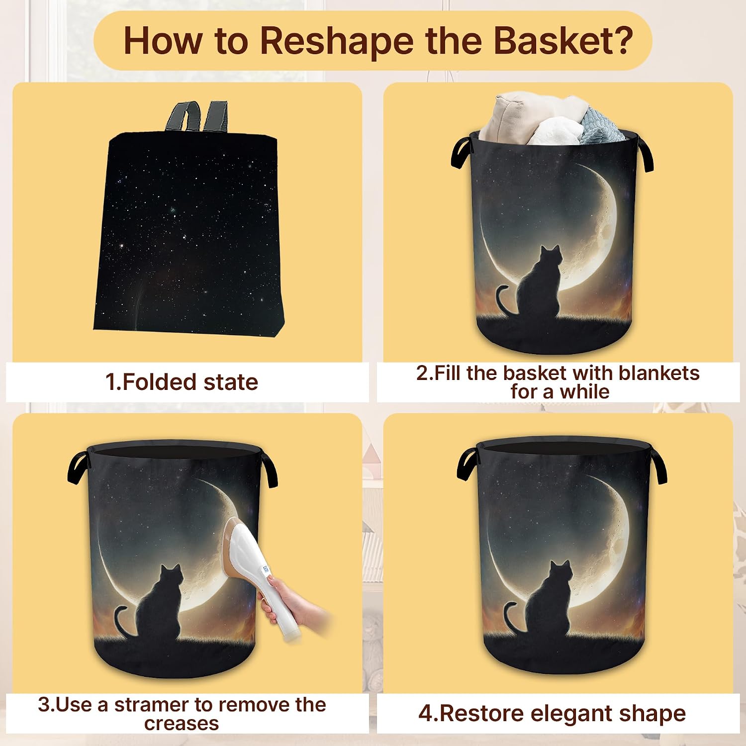 Laundry Hamper Foldable with Handles,Cat Moon Oxford Cloth Laundry Basket,Night Sky Storage Organizer for Bathroom Bedroom Dorm 16"x20.8" image 4