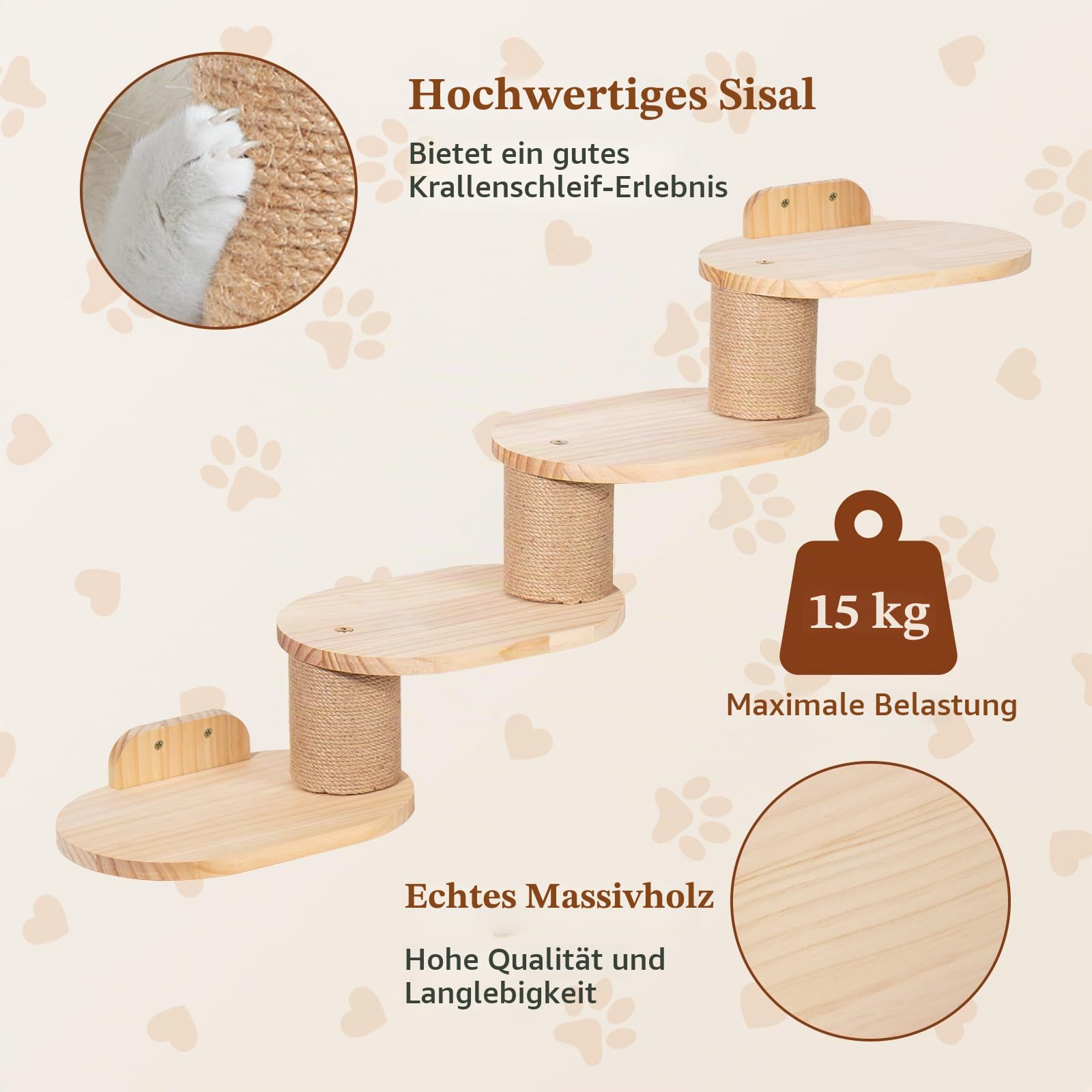 Todeco Katzenwand mit Katzentreppe & Hängematte, 2 in 1 Kratzbaum Wand