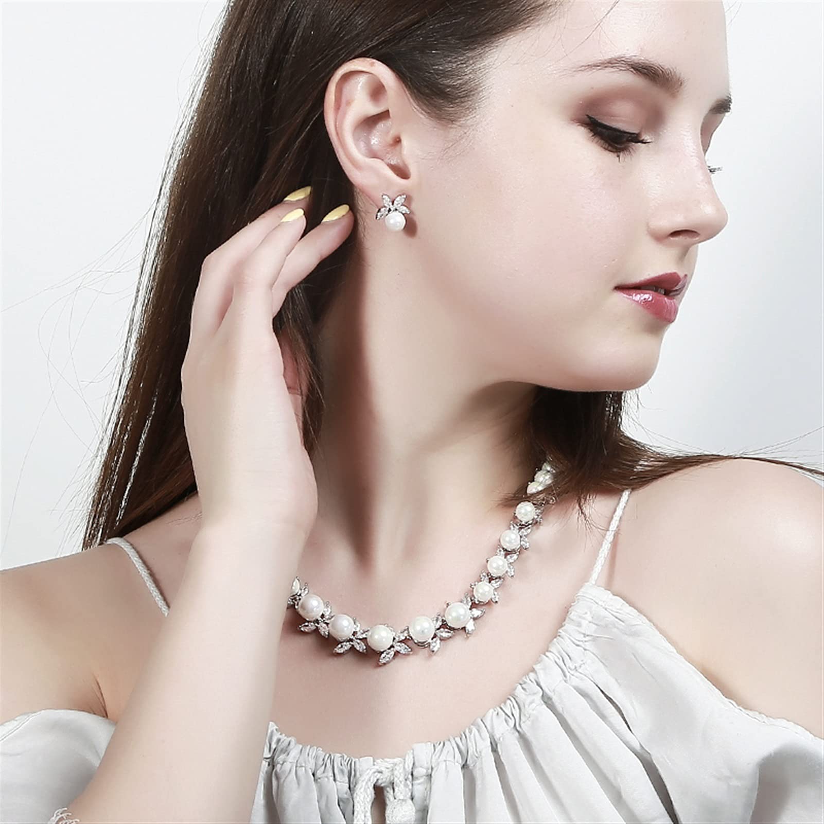 Joyería de circonia cúbica Brillante pavimentada, Perla Grande Redonda, Collar para Fiesta y Boda, Pendientes, Juegos de Joyas para Mujer