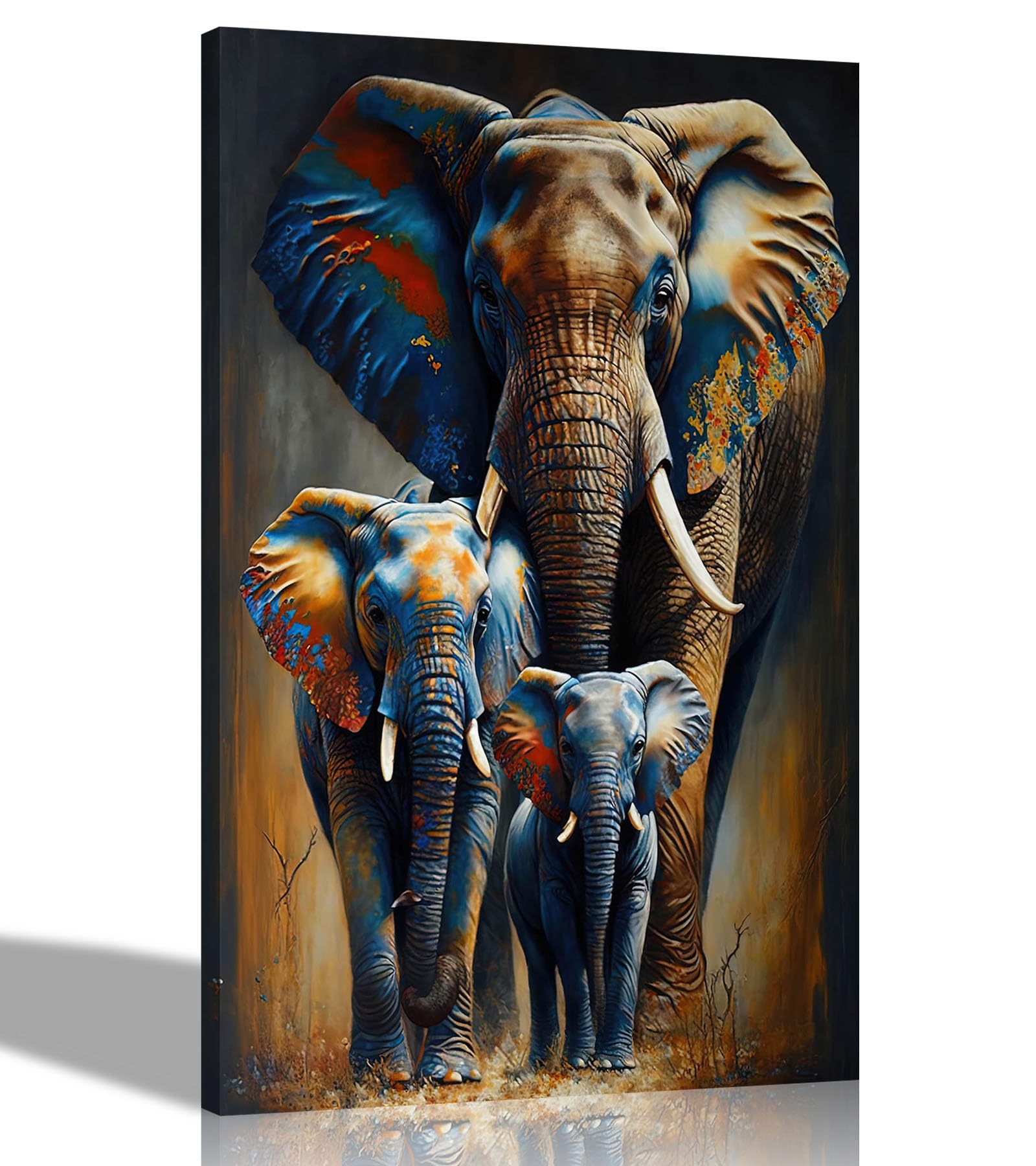 Artley Prints Elephant Family Portrait - Portrait Of A Family Of Elephants Colourful Canvas Pictures For Wall In Living Room, Bedroom, Hallway, Abstract 40 X 30Cm (16 X 12 Inches) A3