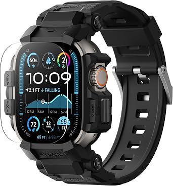 amBand Rugged Case with Band Compatible with Apple Watch Ultra 3/2/1 49mm for Men, Shockproof Protective Case with 9H Screen Protector, Sport Band & Bumper Cover, Black