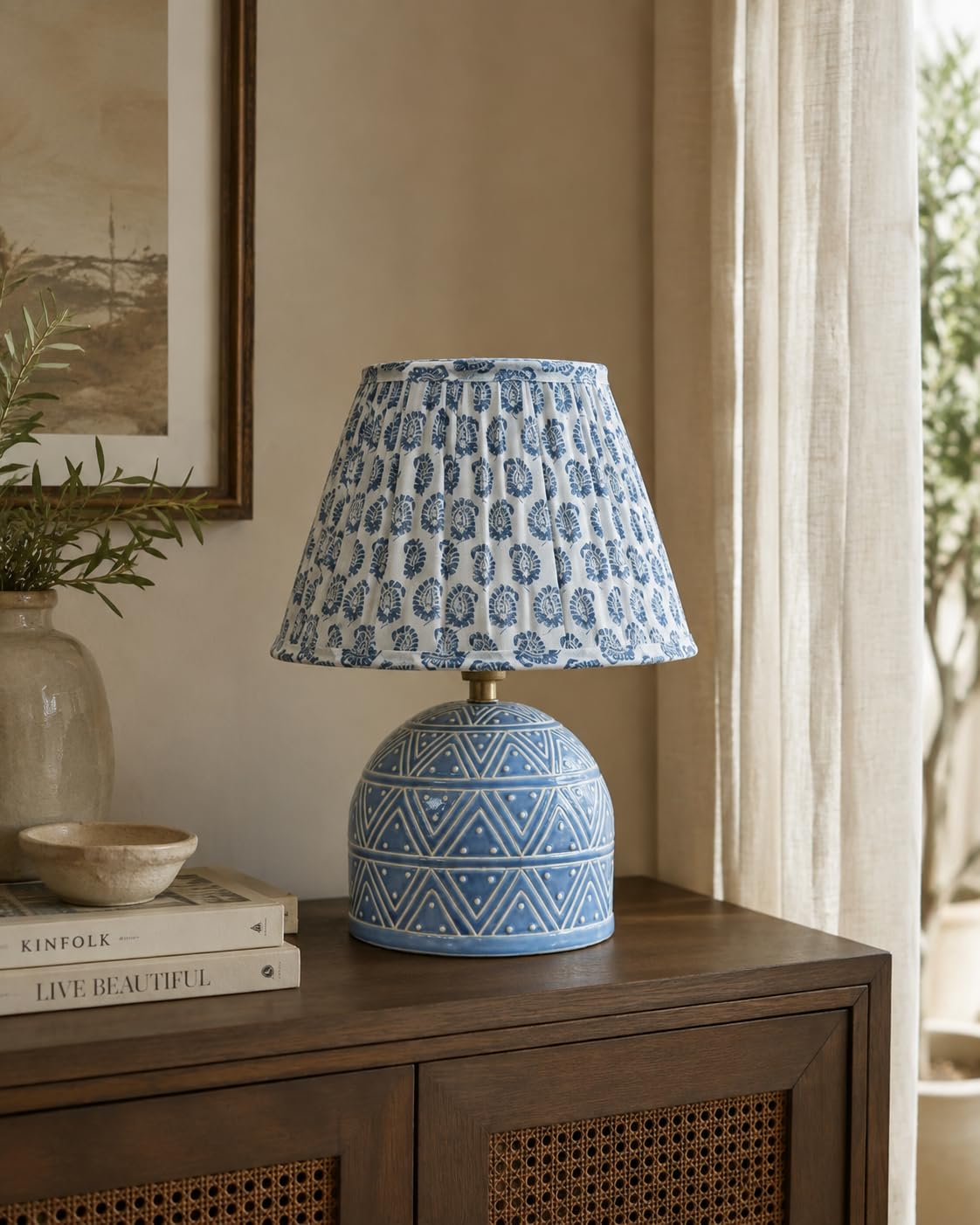 Palm Tree NeelVrit Handcrafted Glazed Ceramic Table Lamp Base – Sky Blue Geometric Embossed Design-image-11