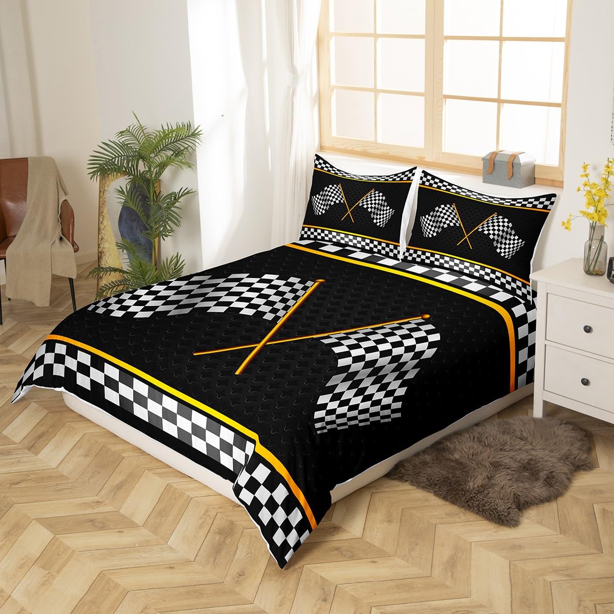 Black White Checkered Flag Duvet Cover Racing Competition Bedding Set Extreme Sports Yellow Comforter Cover(No Filler) for Boys Girls Kids Room Decor Bedding Set Single Size with 1 Pillowcase - Image 3