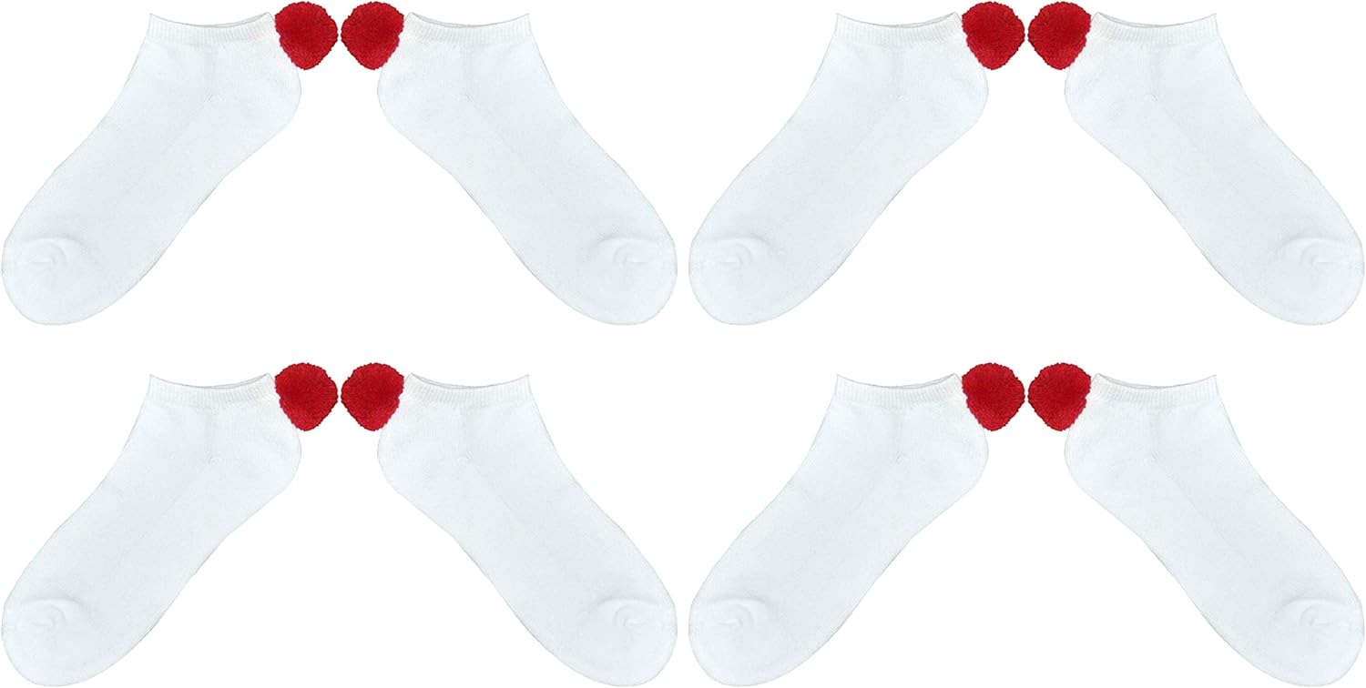 NEW! Pom Pom Socks Girls (4 Pair) Youth - Lowcut Ped Socks Pom-Pom Athletic Socks - Fits Kids Shoe Size: 9-3 (Red 4 Pair) - Image 2