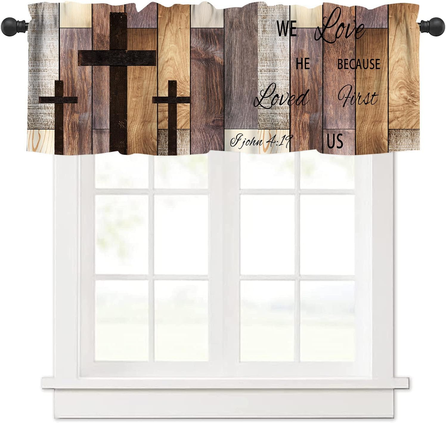 Farmhouse Wooden Kitchen Valance Curtain Rustic Brown Wood Board Bible Verse Cross Country Cottage Western Barnwood Garage Old Plank Print Window Treatment for Girls Living Room Bedroom 54x18In