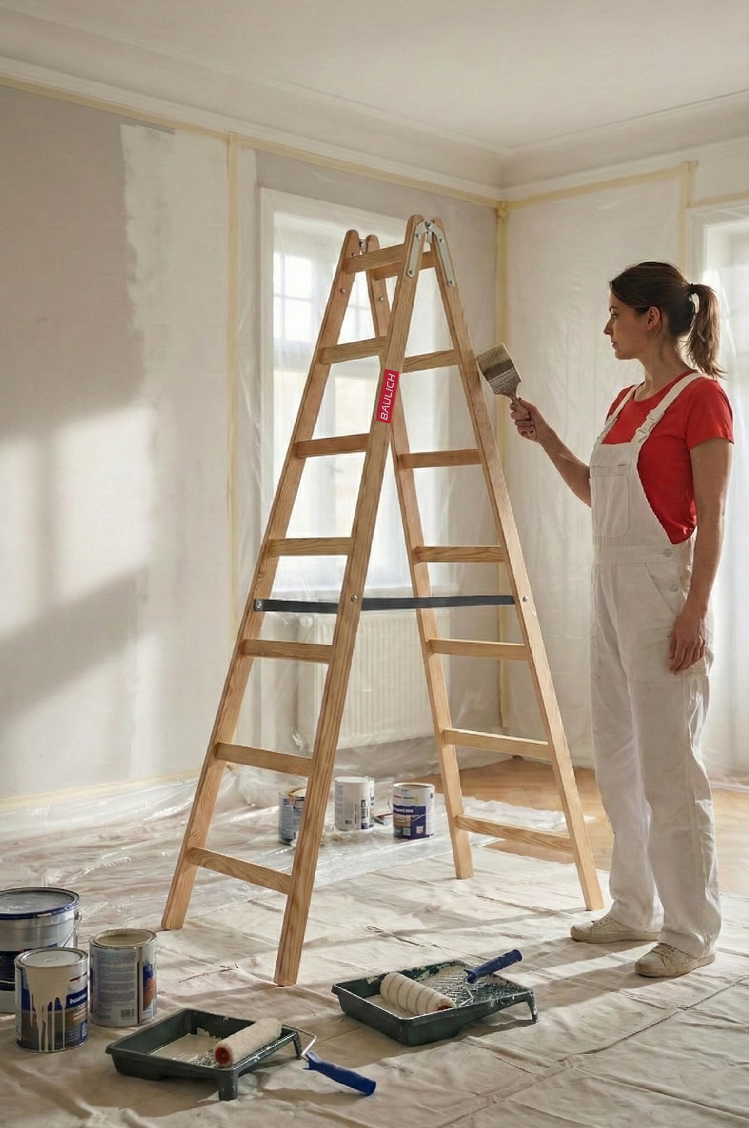 Escalera de Madera para Pintar 2x7 - Estructura desplegable y Extensible - Peldaños impregnados para Trabajos de reparación, Pintura de Interiores y renovación