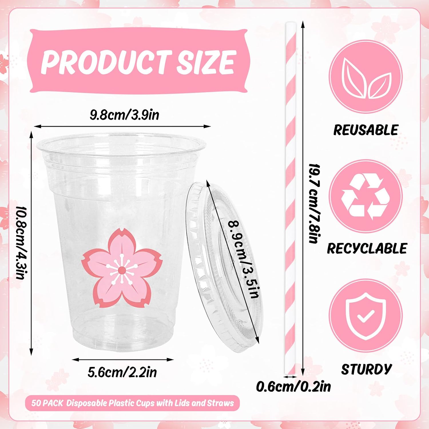 Whaline 50Pcs 12Oz Pink Cherry Blossom Disposable Plastic Cups with Lids and Straws Cute Sakura Cold Beverage Drinking Cups for Spring Wedding Birthday Party Supplies image 2