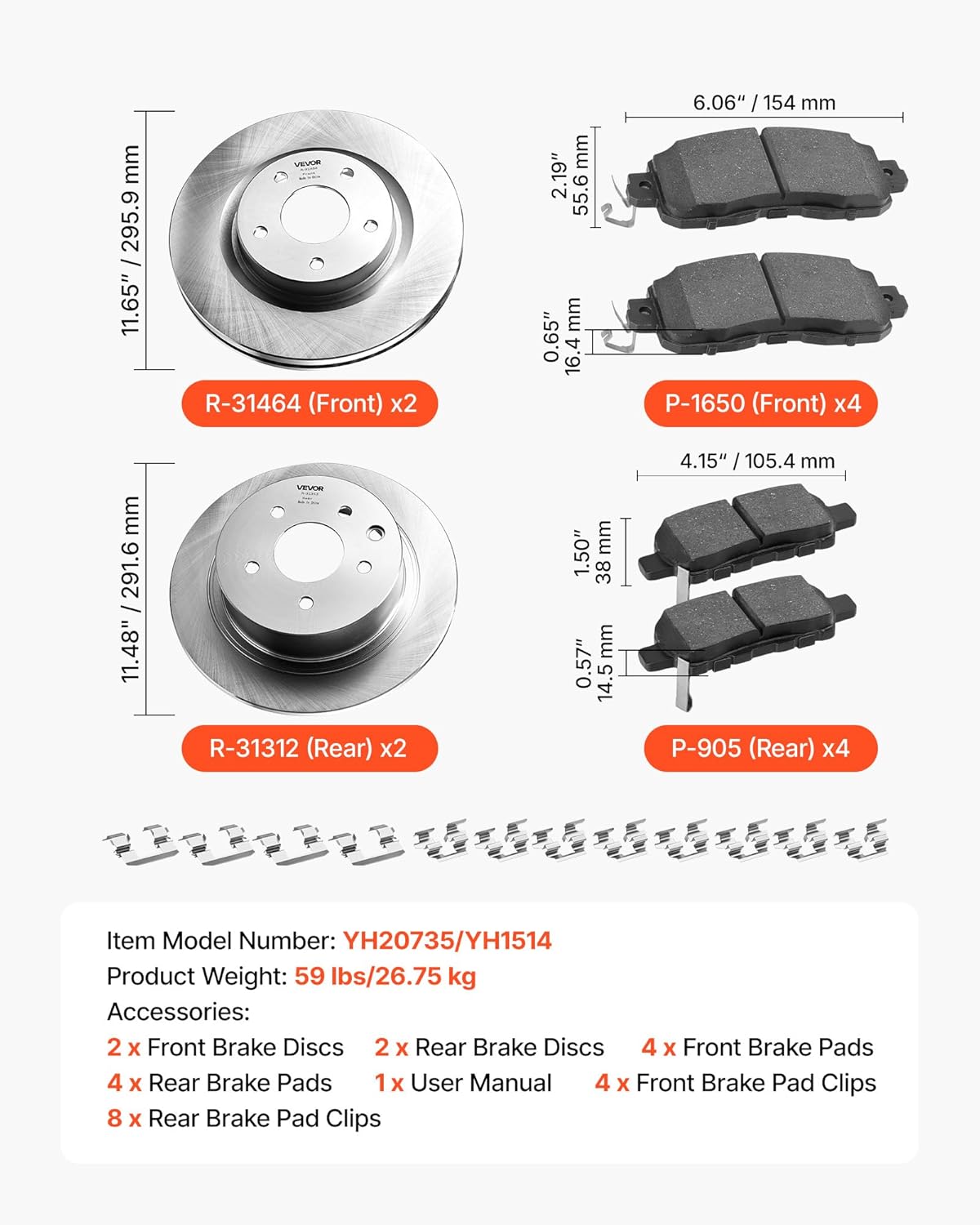 VEVOR Front and Rear Brake Kit Compatible with 2013 Nissan Altima (Base, SL, SV & S Sedan), 2014-2018 Nissan Altima, 2019-2023 Nissan Altima (with Manual Parking Brake), Hollow Structure Front Rotors