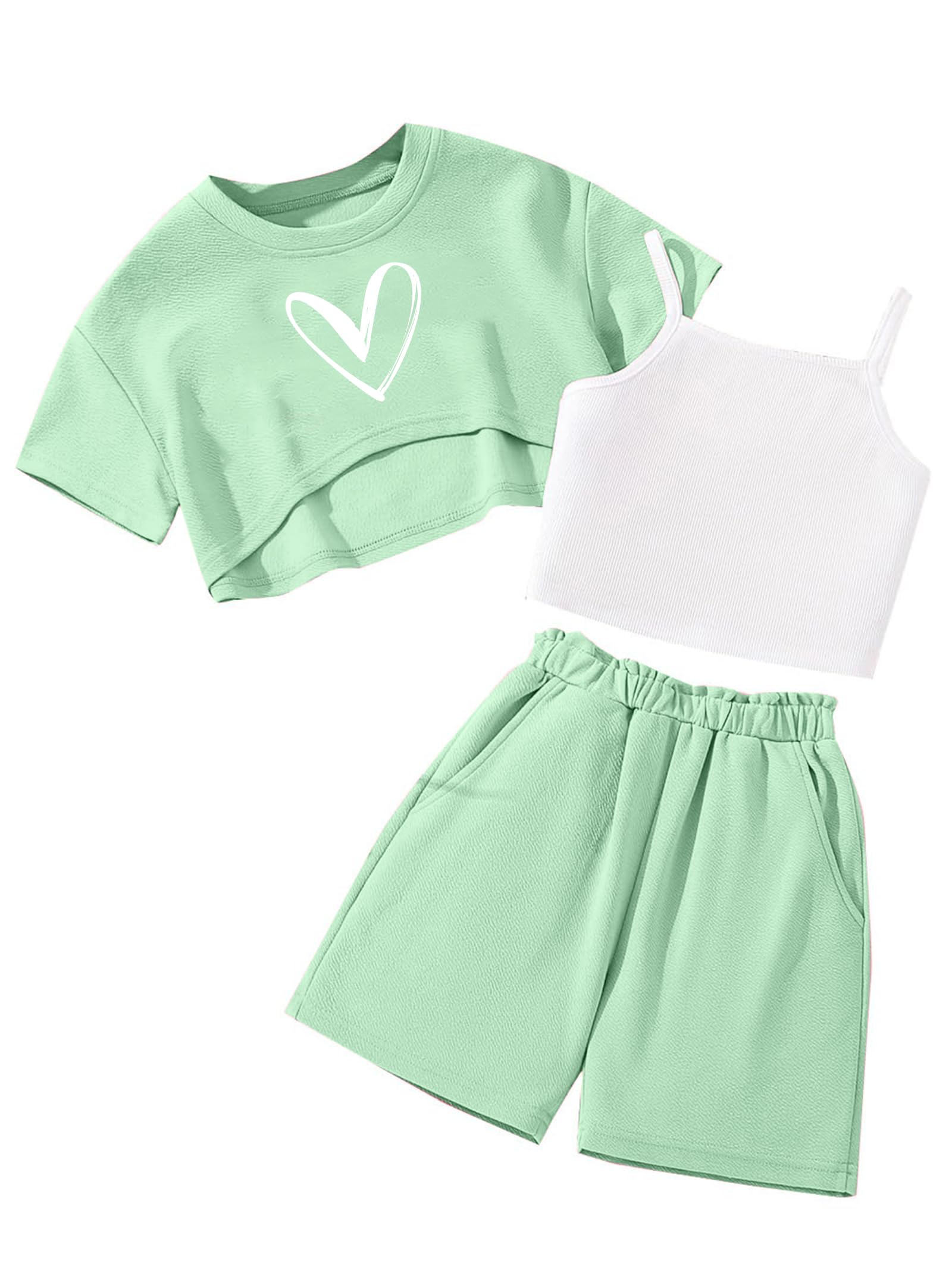 Hilinker Girls 3 Piece Summer Outfits Graphic Crop Tee and Cami Top with Shorts Set