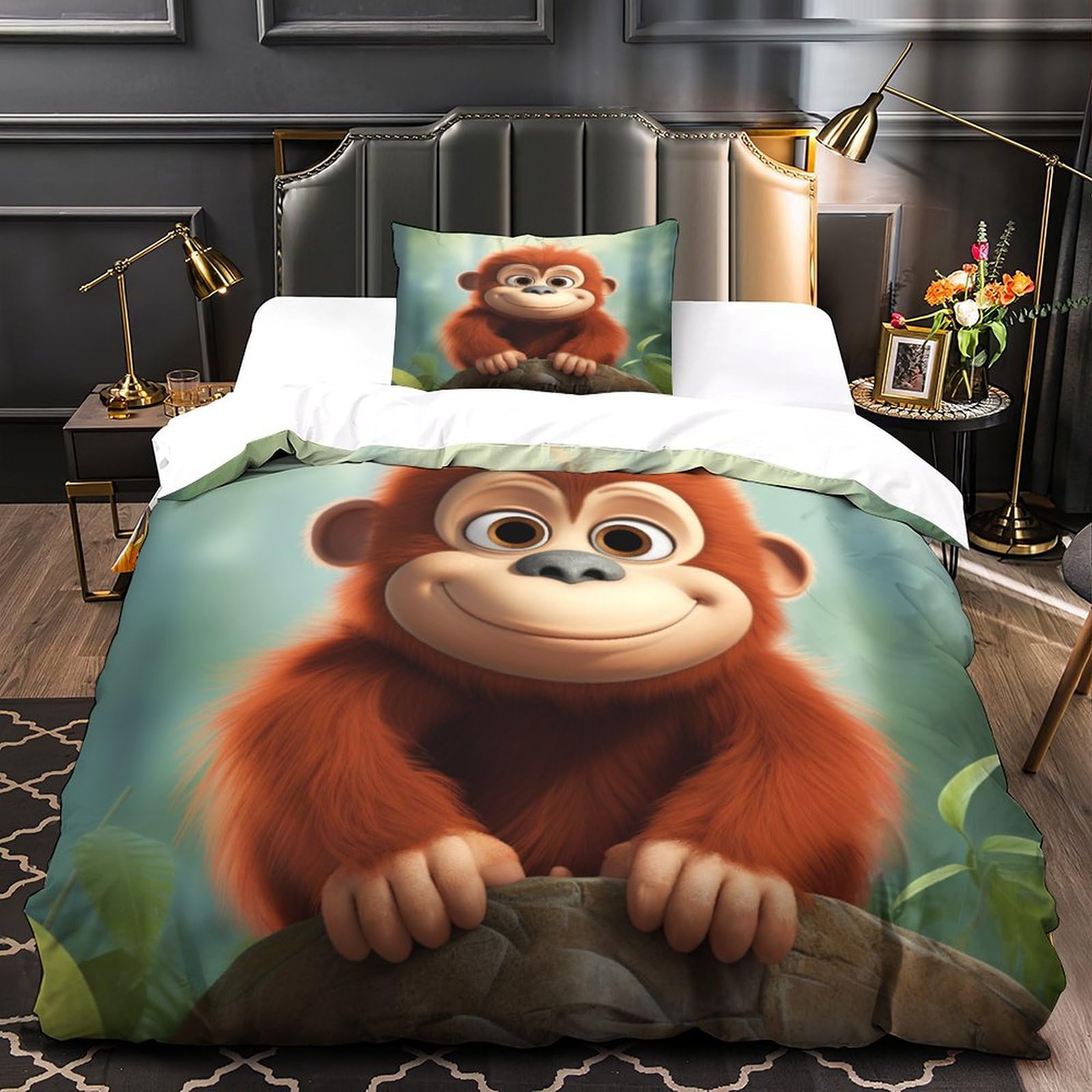 LOUSON Cartoon Gorilla Bettwäsche Set, 3 Teilig, Weiche Mikrofaser, Bettbezug Mit Reißverschluss, Kingsize Bett (220 X 240 Cm