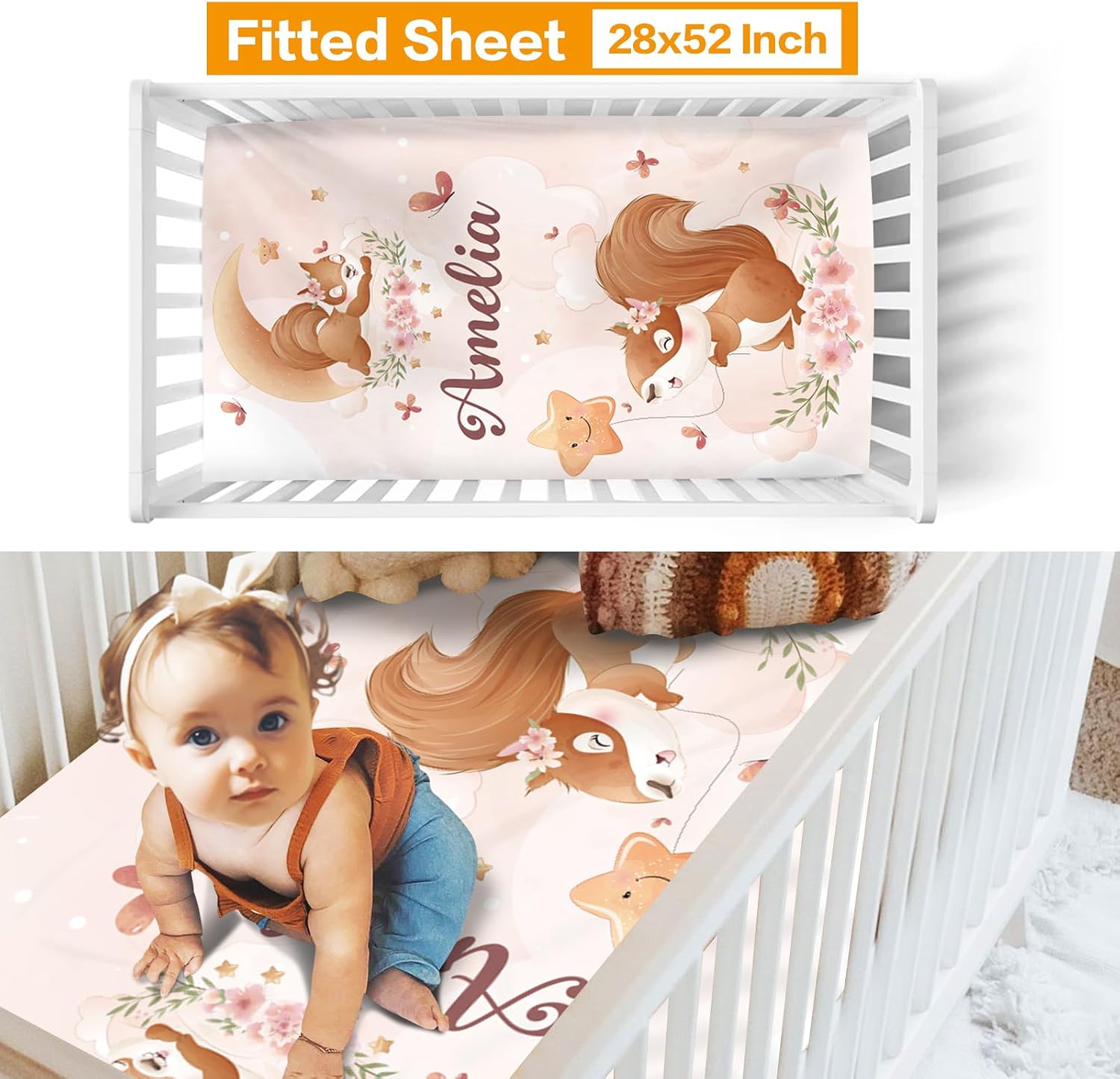 Custom Baby Crib Bedding Set - Moon Animal Personalized Name Nursery Bed 3 Pcs Set - Chic Soft Blanket, Sheet, Crawling Rug for Newborns Boys Girls Gifts Color16-Squirrel