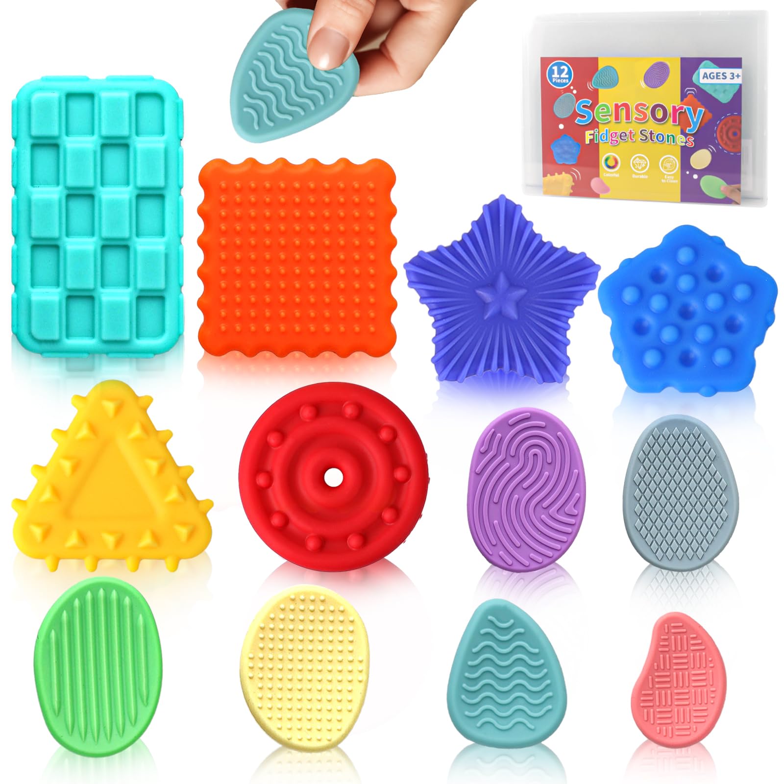 ddLUCK 12 Pack Sensory Fidget Toys for Autism Silicone Textured Worry Stone for ADHD Stress Anxiety Relief Travel School Small Fidgets Stones Play Toys for Kids Adults with Plastic Box