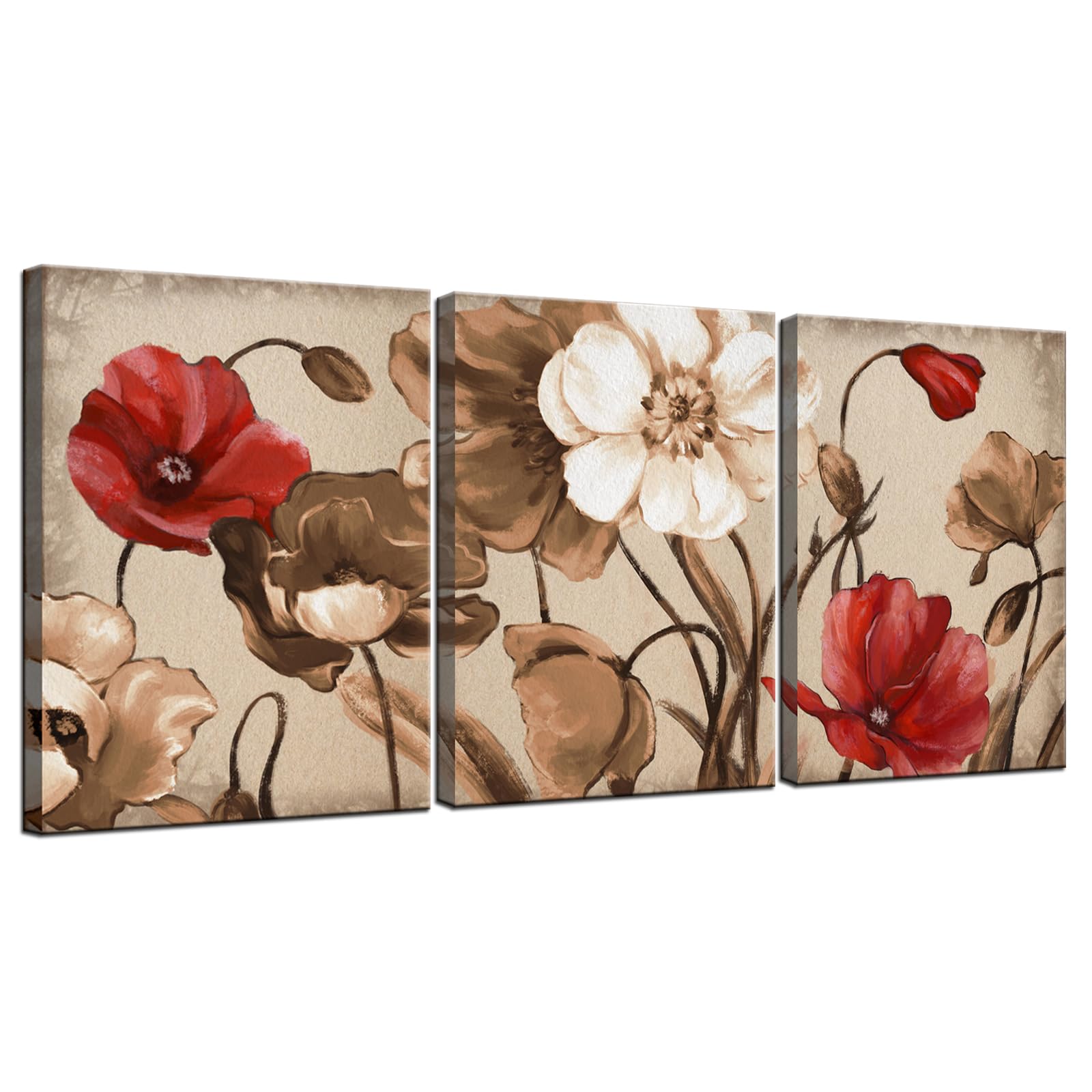 Biuteawal Vintage Wall Art Brown Flowers Painting Bedroom Wall Decor 3 Pieces Canvas Print Brown Blossom Floral Pictures Abstract Artwork Bathroom Living Room Decoration Framed Ready to Hang