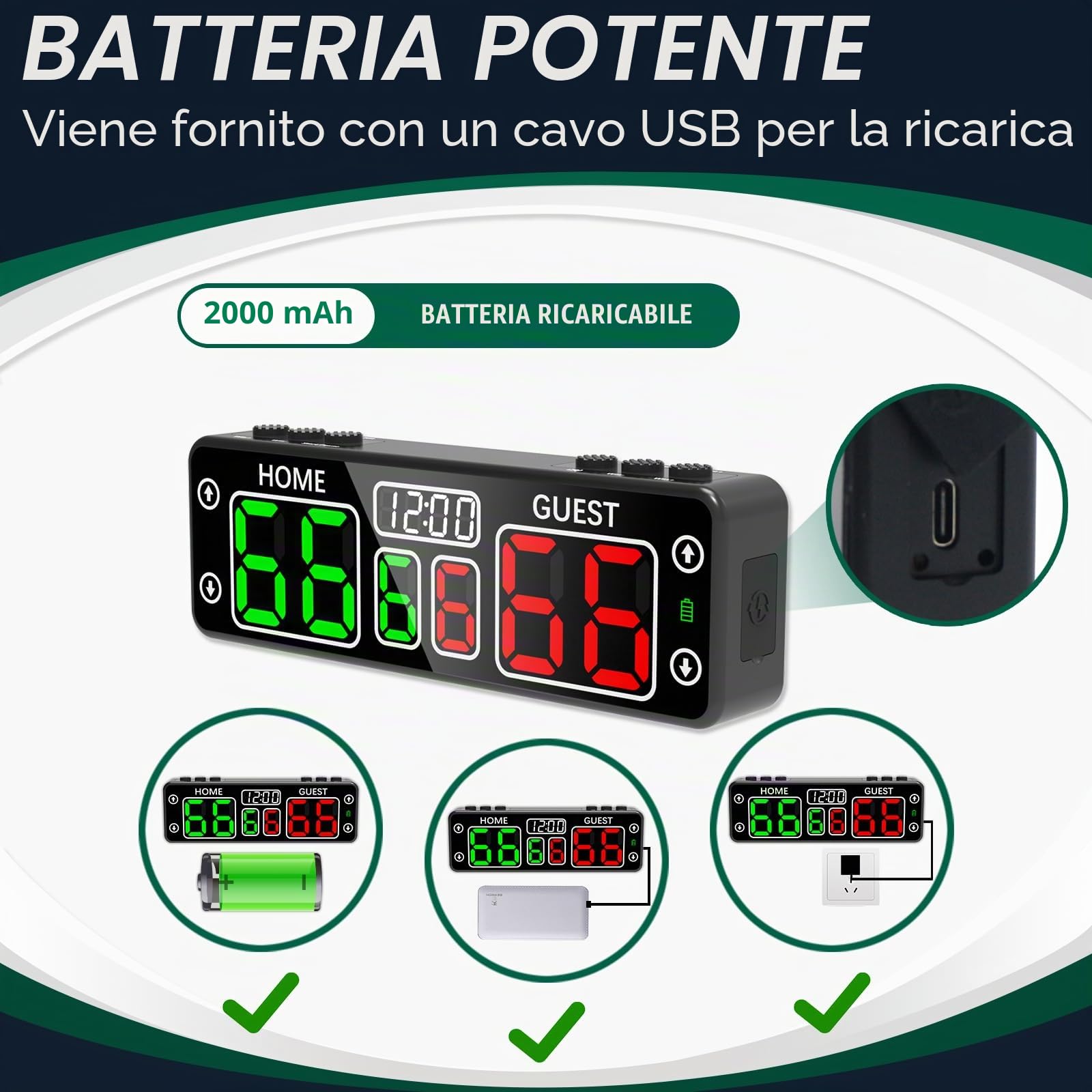 YZ Tabellone segnapunti digitale aggiornato con timer per conto alla rovescia, tabellone segnapunti portatile magnetico a LED, tabellone segnapunti a batteria wireless, segnapunti elettronico per