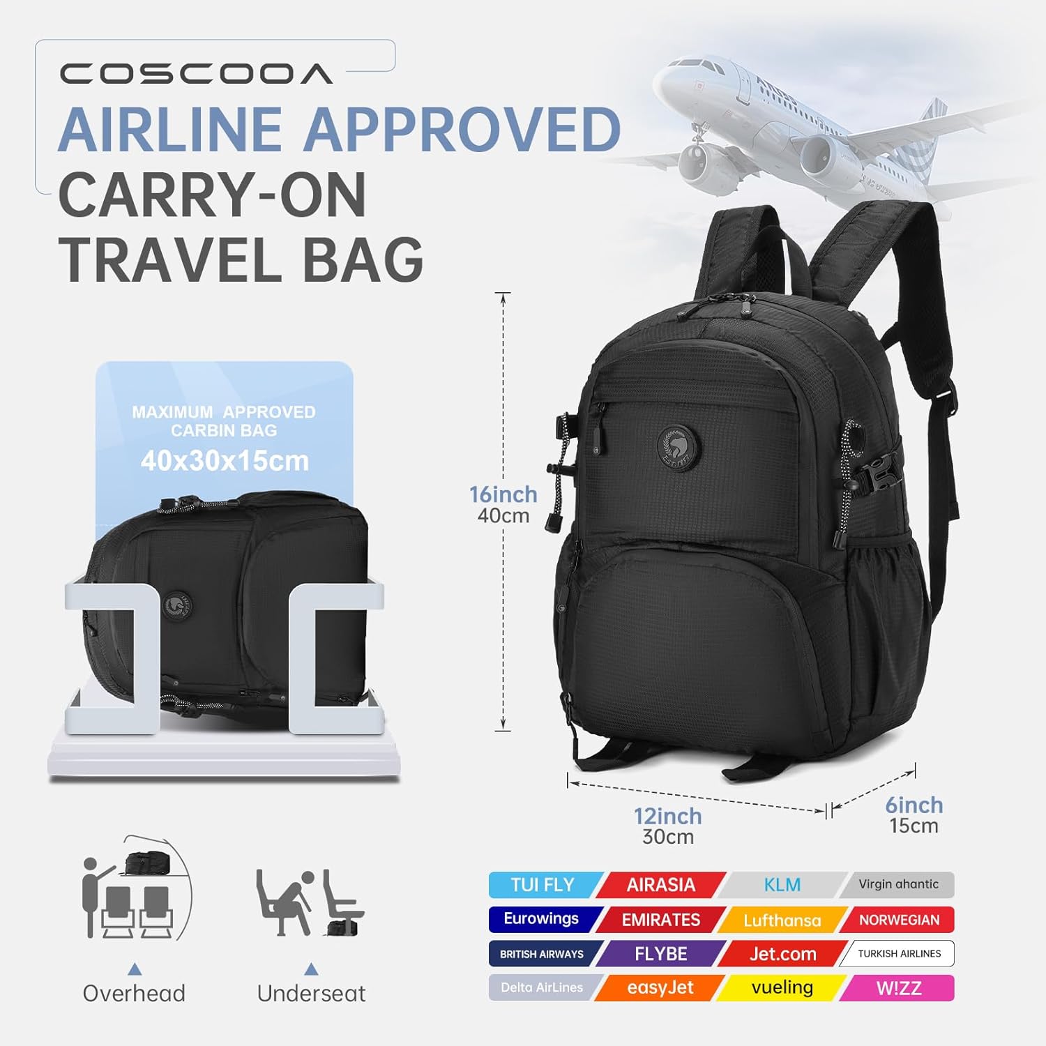 40x30x15cm Personal Item Travel Bag,16x12x6inch Small Carry On Backpack 20L, Flight Approved Underseat Travel Luggage Bag,Mochila de Viaje,Cabin Size Lightweight Backpack - Image 2