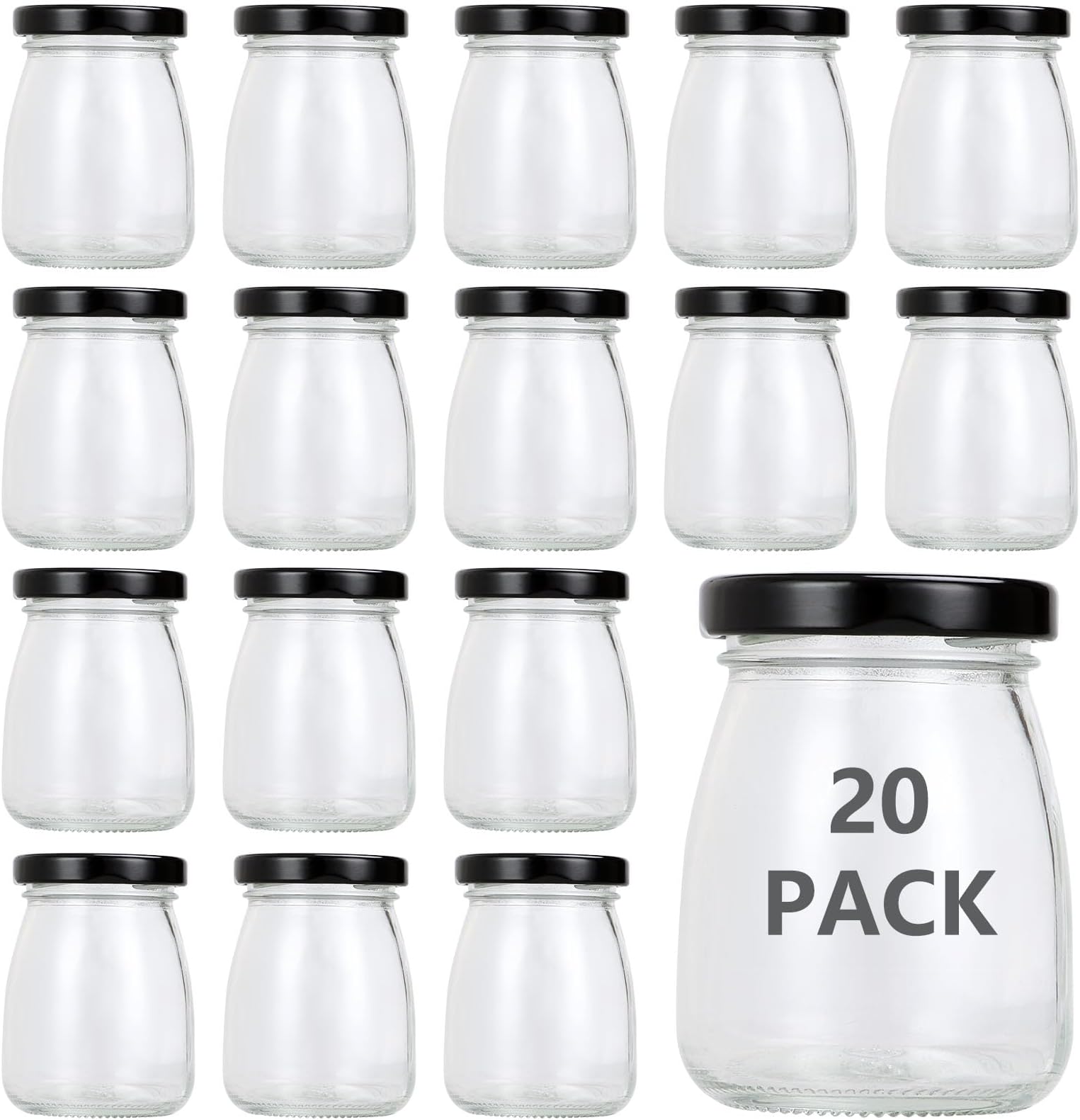 SENENQU 20 Pack 100ml/3.5oz Glass Jars with Black Lids, Mini Bottles and Cups for Pudding, Yogurt, Jam, Honey, Jelly, Mousse, Spice