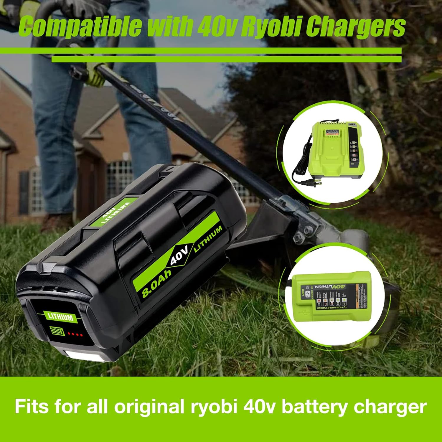 1 Pack 8.0Ah Replace for Ryobi 40V Battery Compatible with Ryobi Battery 40V OP4060 OP4015 OP4026 OP40201 OP40261 OP4030 OP4040 OP40401 OP4050 OP40501 Tools, Not Suitable for Snow Blowers (1PC)