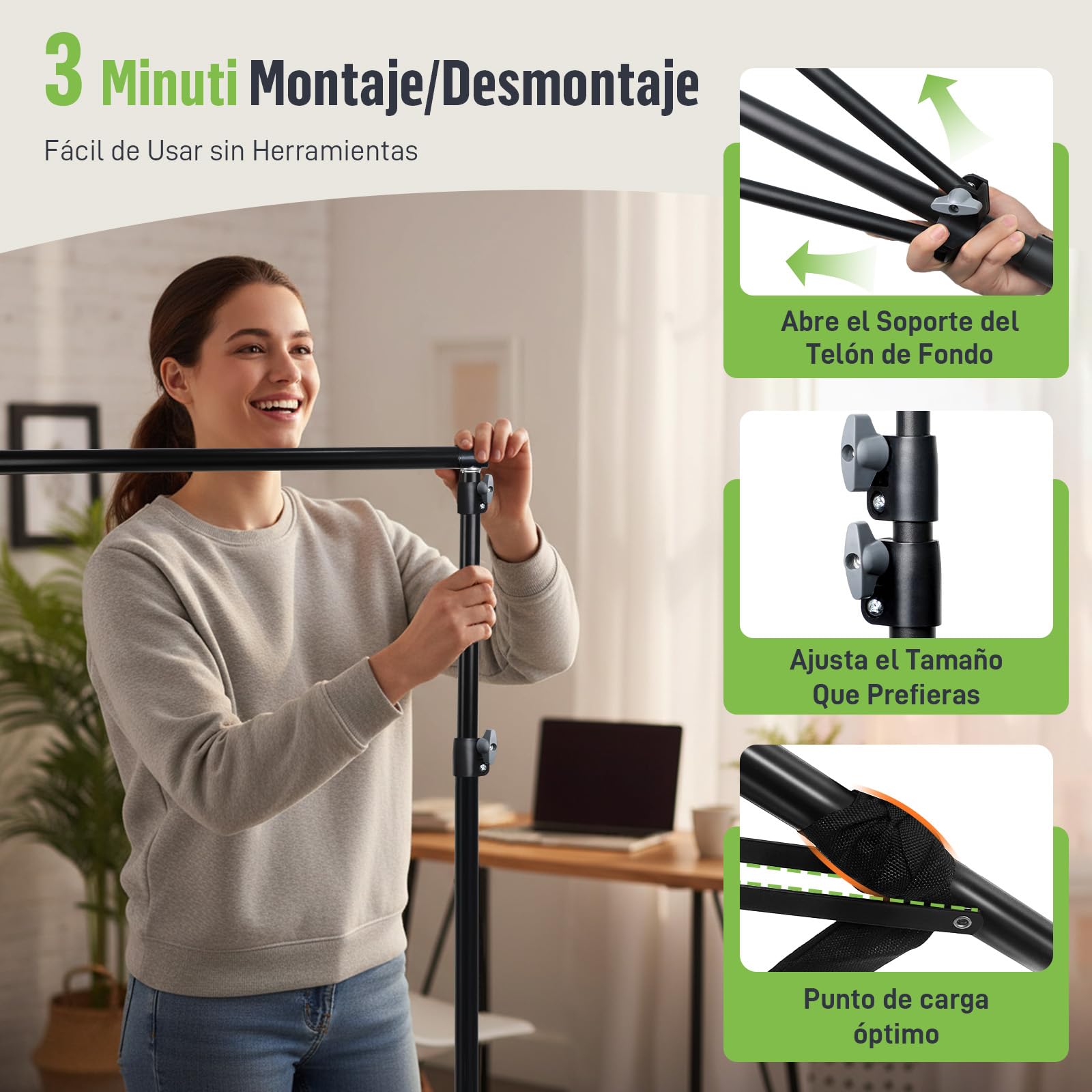 Soporte para Fondos Fotográficos – Sistema de Soporte Ajustable (Altura 1–3 m/Ancho 1,5–3 m) con Bolsa de Transporte para Estudio Fotográfico, Photocall y Backdrops para Eventos