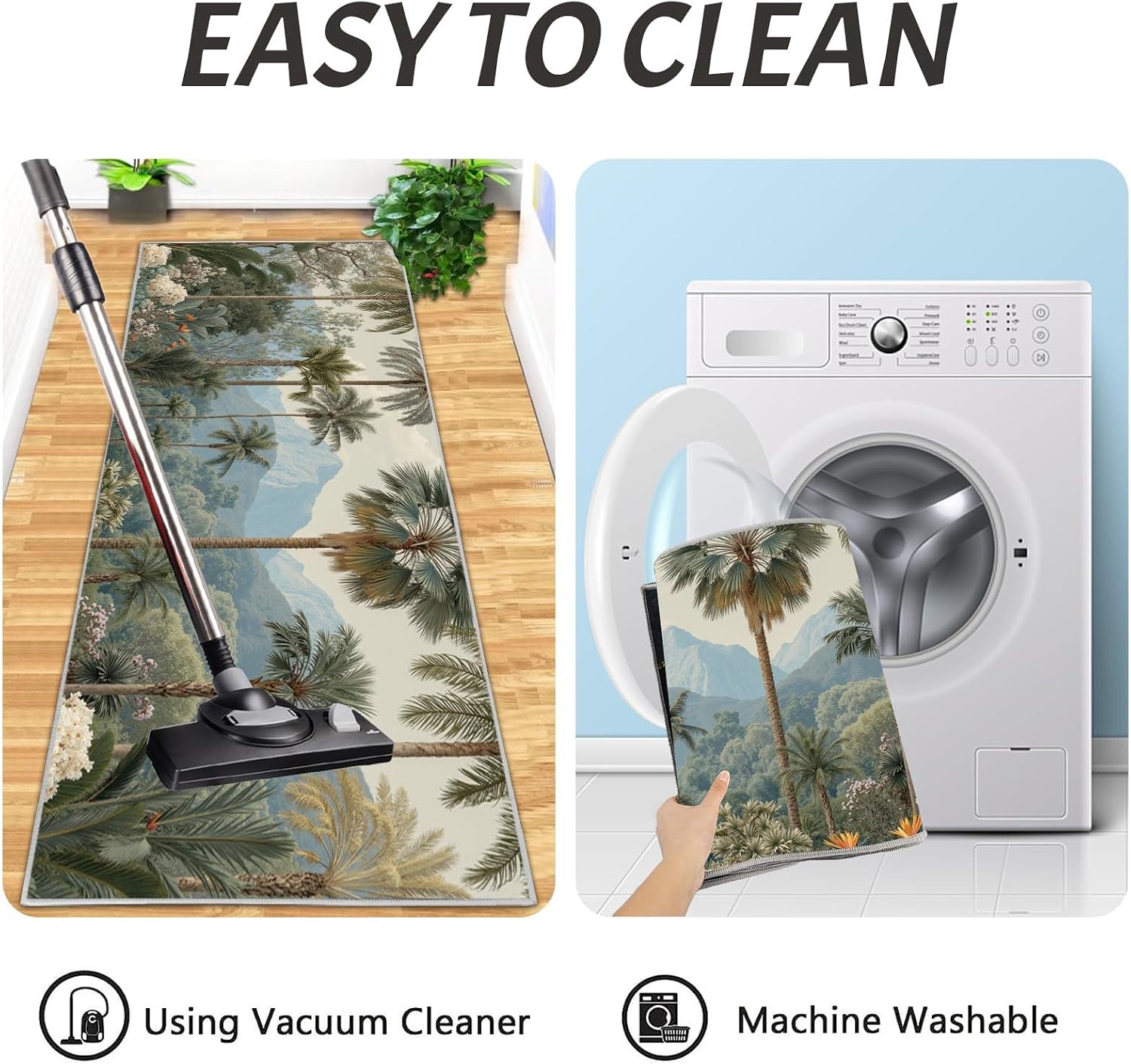 Kitchen Runner Mats Non Slip Washable Retro Botanical Kitchen Rugs Tropical Palm Tree Bird Of Paradise Anti Fatigue Standing Mat Absorbent and Stain-Resistant Floor Mats, Grass Green, 20"x71"+20"x32"