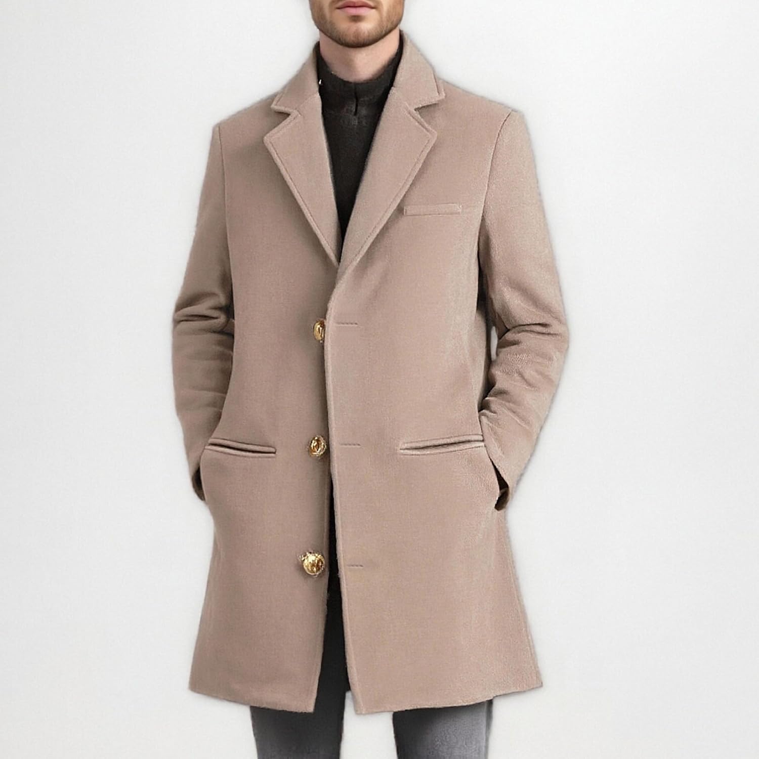 Maiyifu-GJ Men's Casual Trench Coat Slim Fit Single Breasted Mid-Long Overcoat Fall Winter Warm Wool Blend Pea Coats